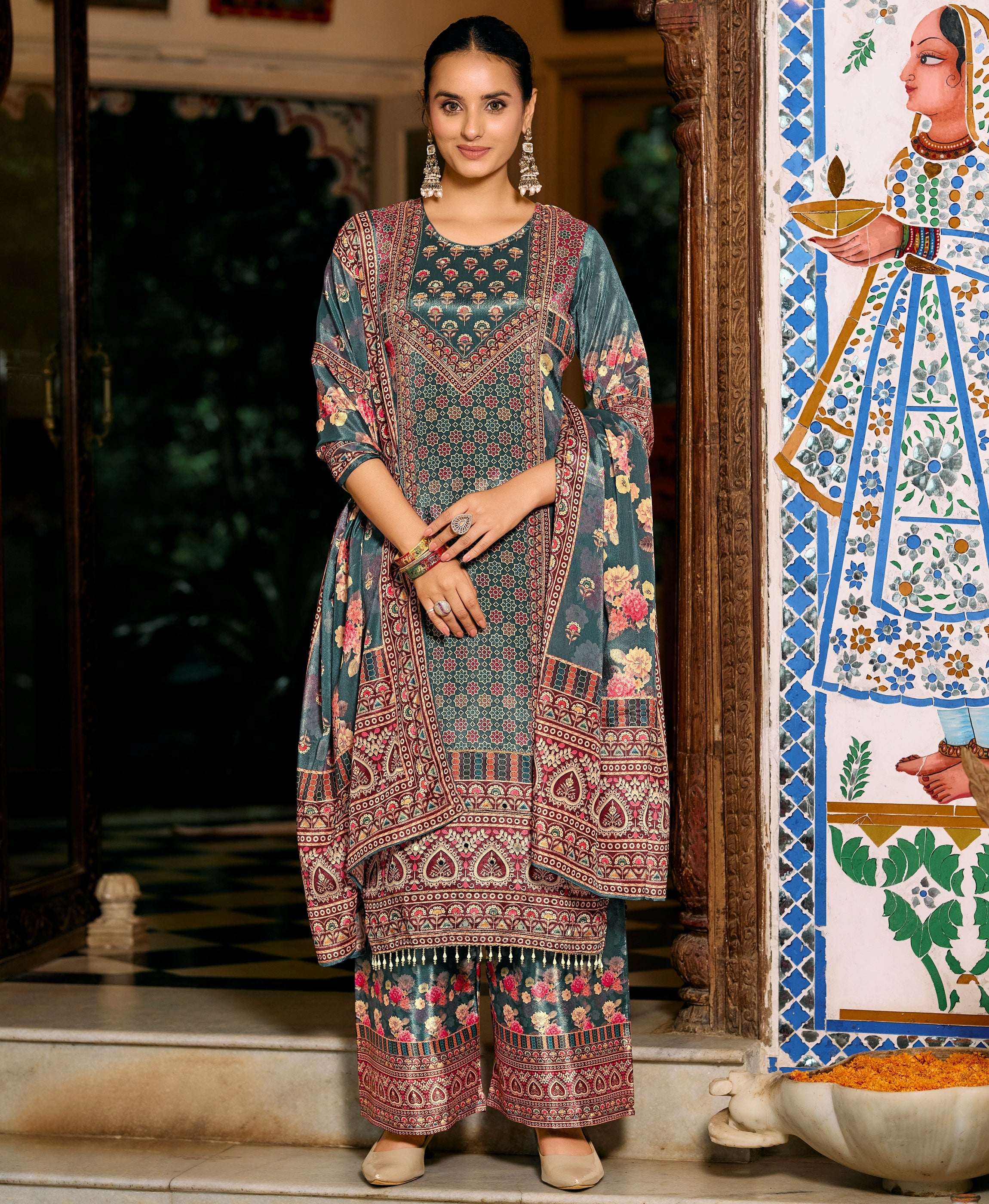 Her Couture Women's Multicolor Chinon Chiffon Pakistani Printed Pakistani Style Kurta With Palazzo & Printed Dupatta