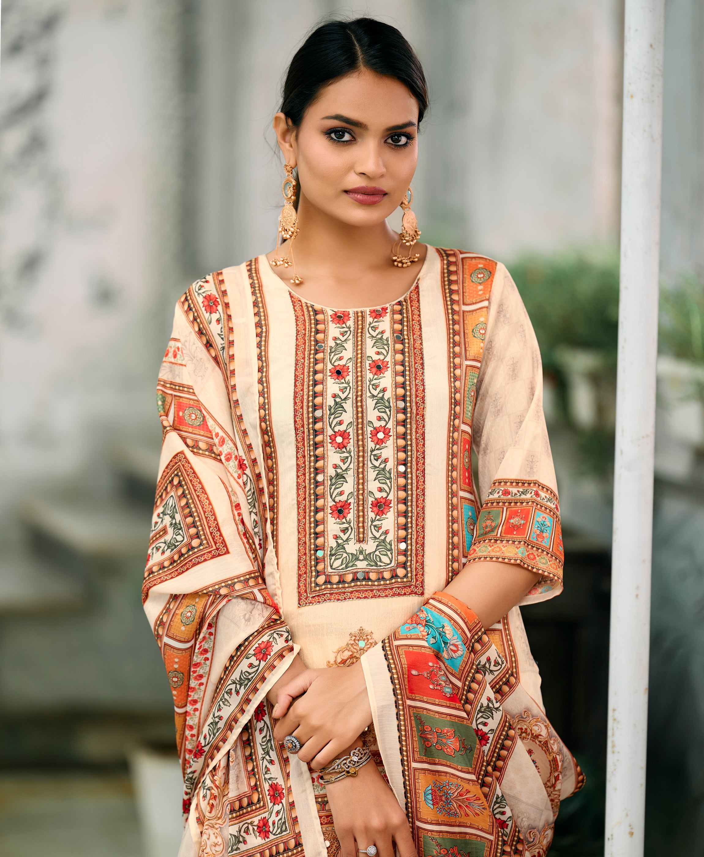 Her Couture Women's Cream Chinon Chiffon Pakistani Printed Pakistani Style Kurta With Palazzo & Printed Dupatta