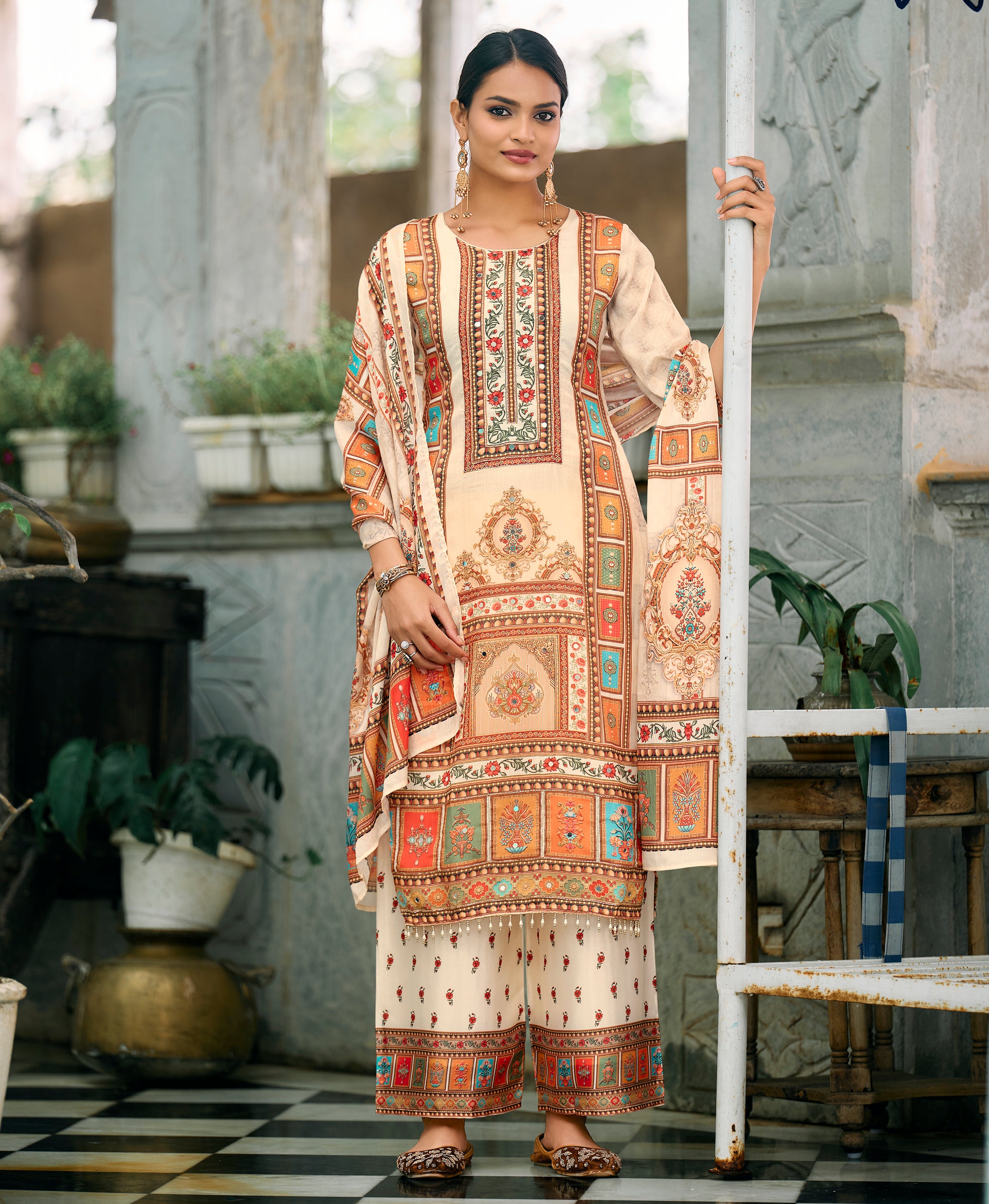 Her Couture Women's Cream Chinon Chiffon Pakistani Printed Pakistani Style Kurta With Palazzo & Printed Dupatta