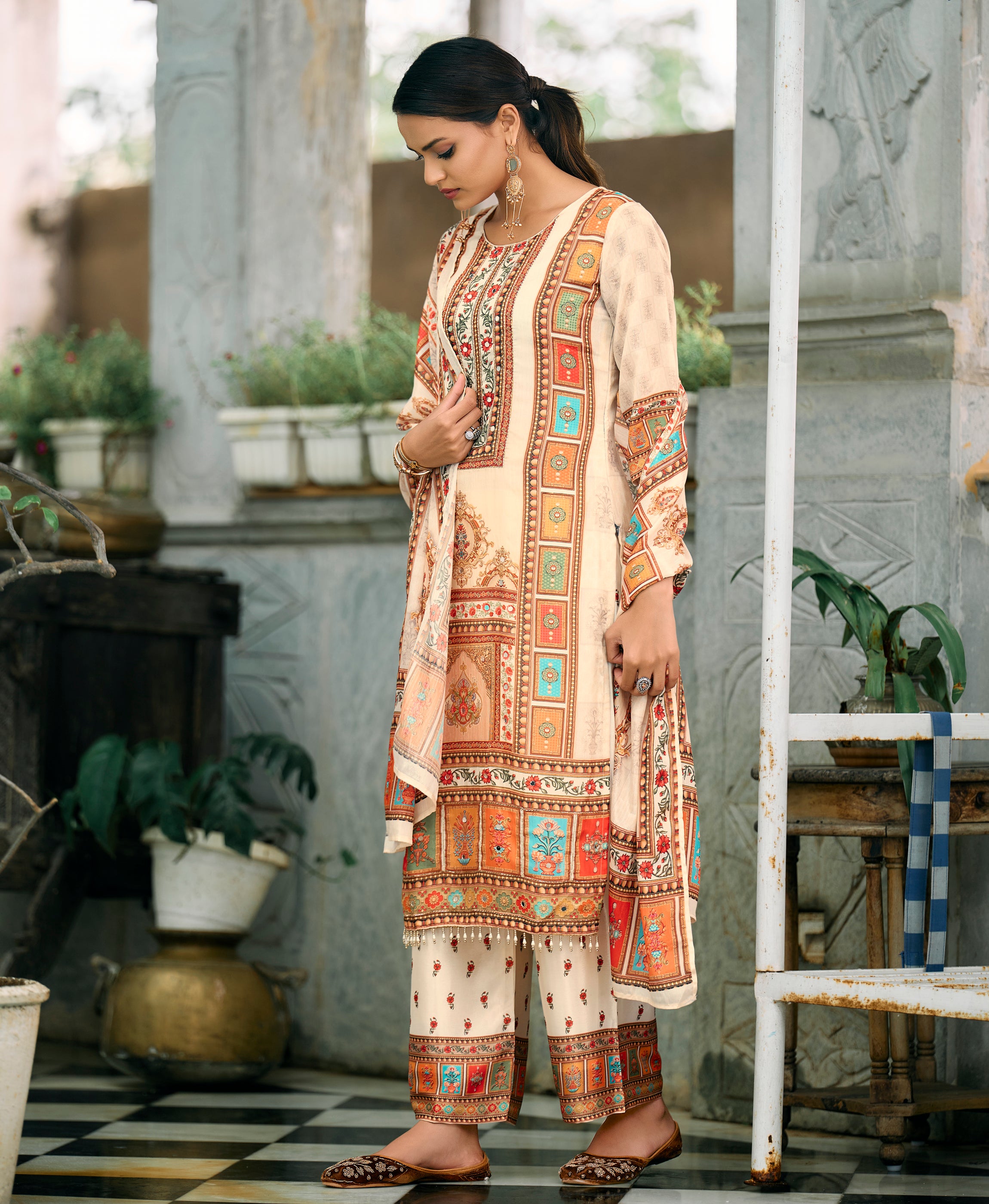 Her Couture Women's Cream Chinon Chiffon Pakistani Printed Pakistani Style Kurta With Palazzo & Printed Dupatta