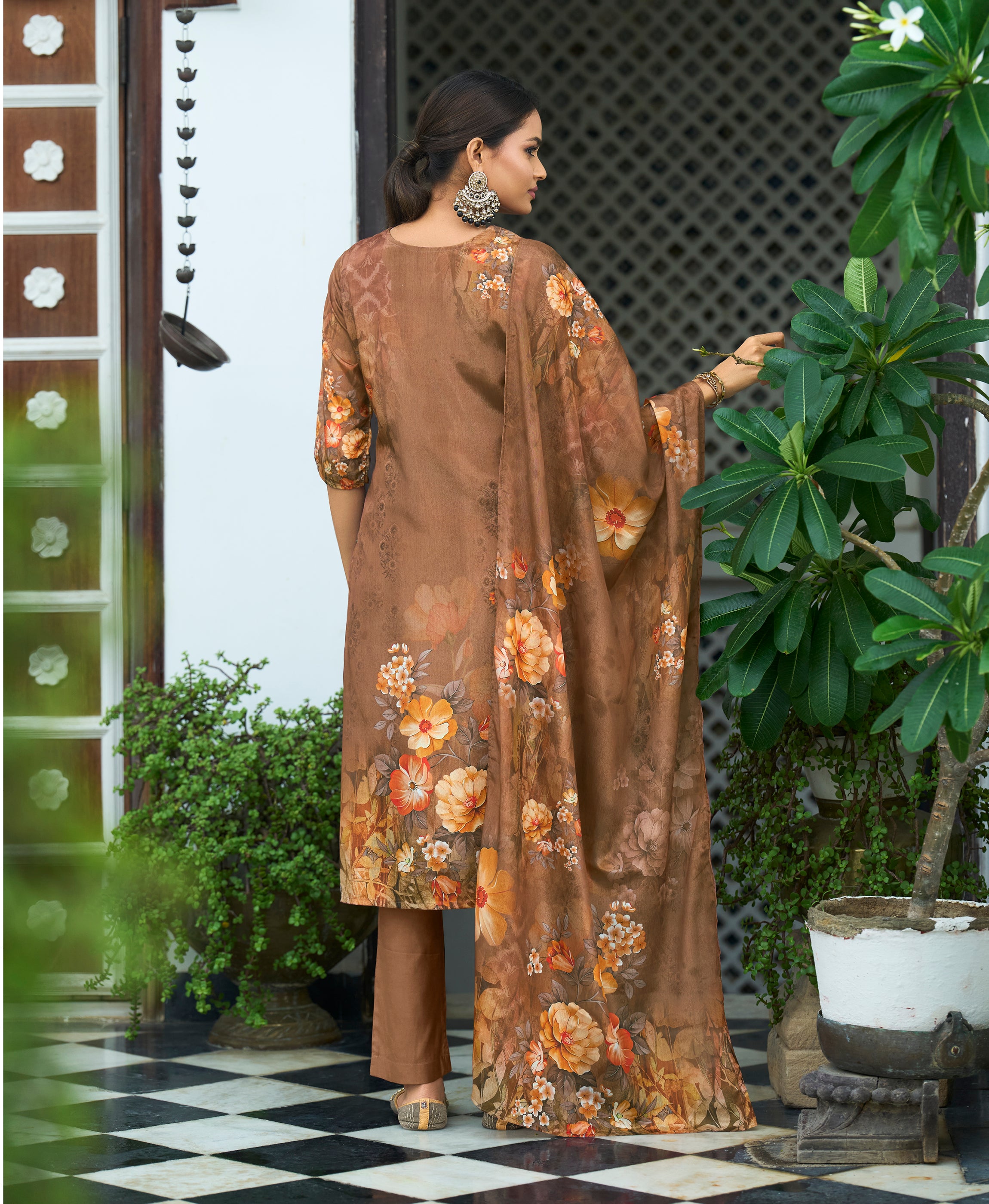 Her Couture Women's Brown Chinon Chiffon Floral Printed Straight Kurta With Pant & Printed Dupatta