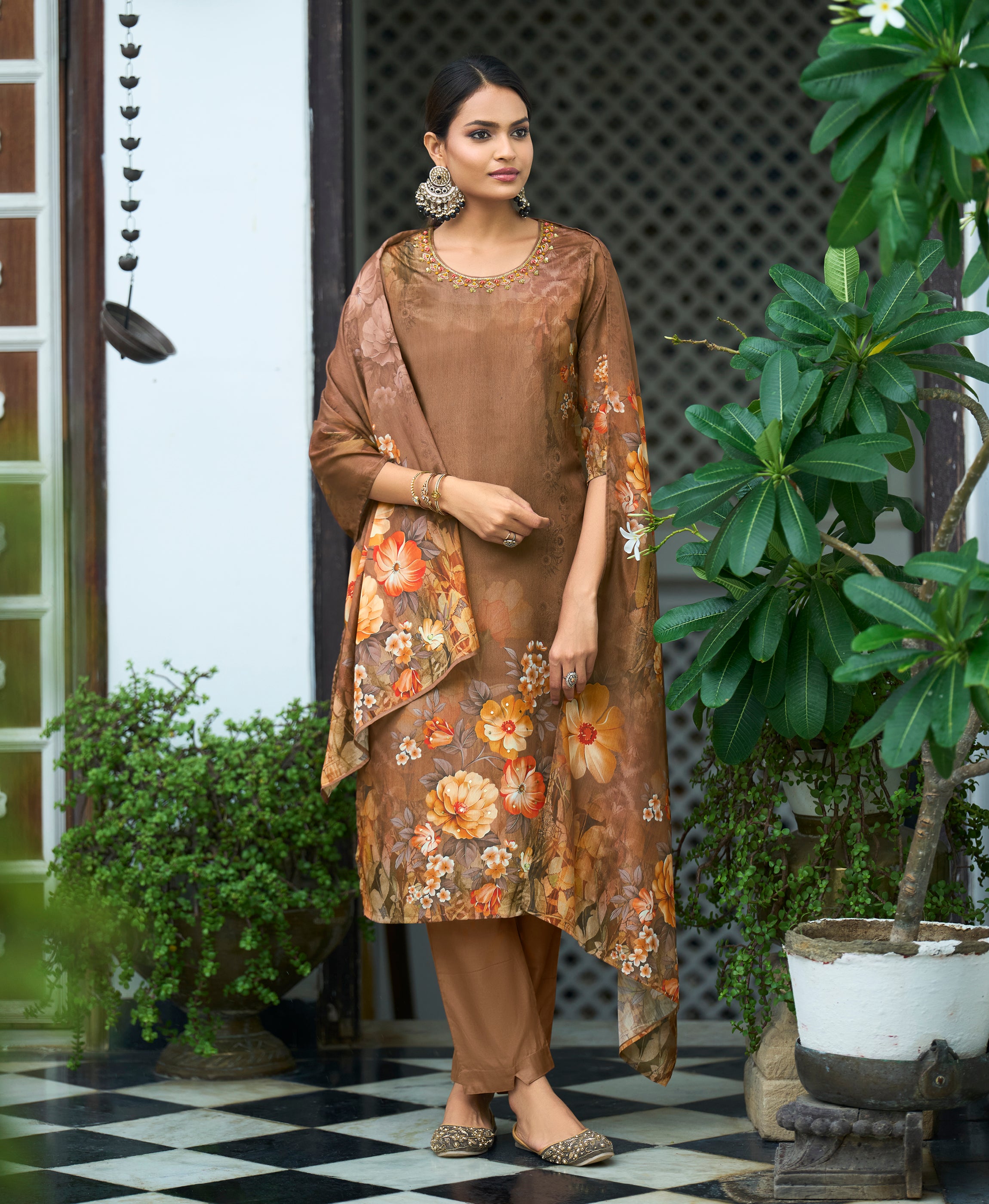 Her Couture Women's Brown Chinon Chiffon Floral Printed Straight Kurta With Pant & Printed Dupatta