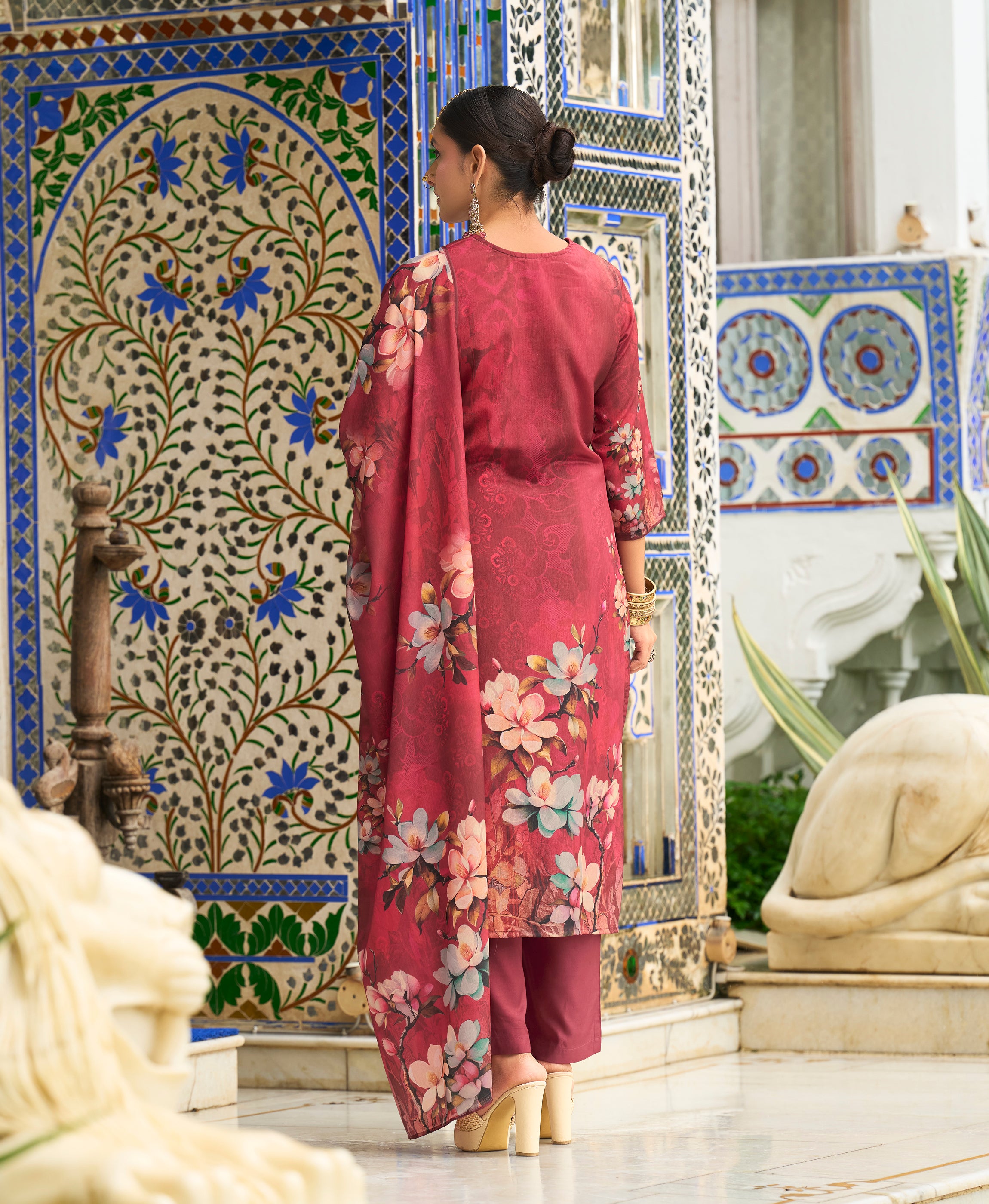Her Couture Women's Maroon Chinon Chiffon Floral Printed Straight Kurta With Pant & Printed Dupatta