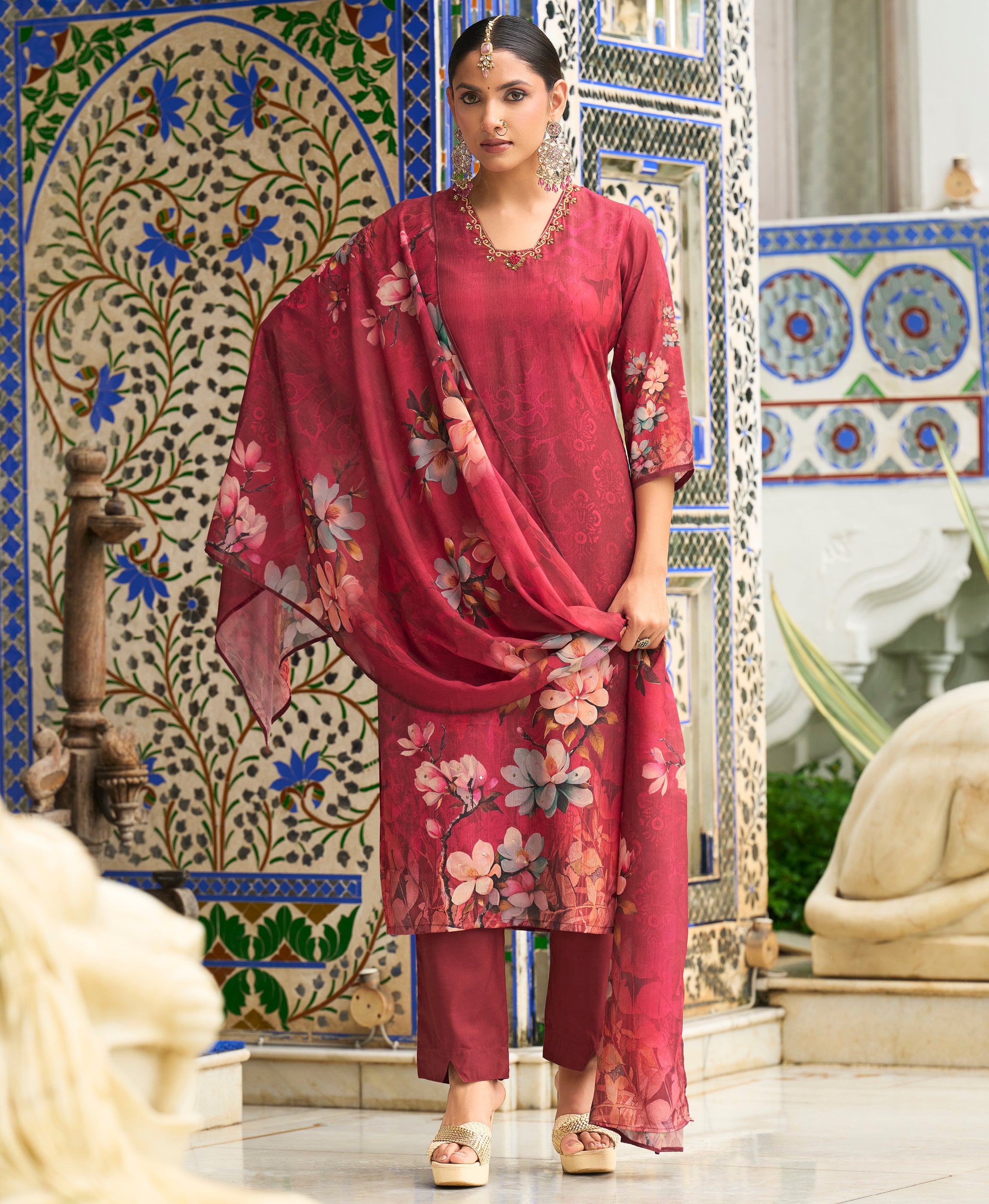 Her Couture Women's Maroon Chinon Chiffon Floral Printed Straight Kurta With Pant & Printed Dupatta