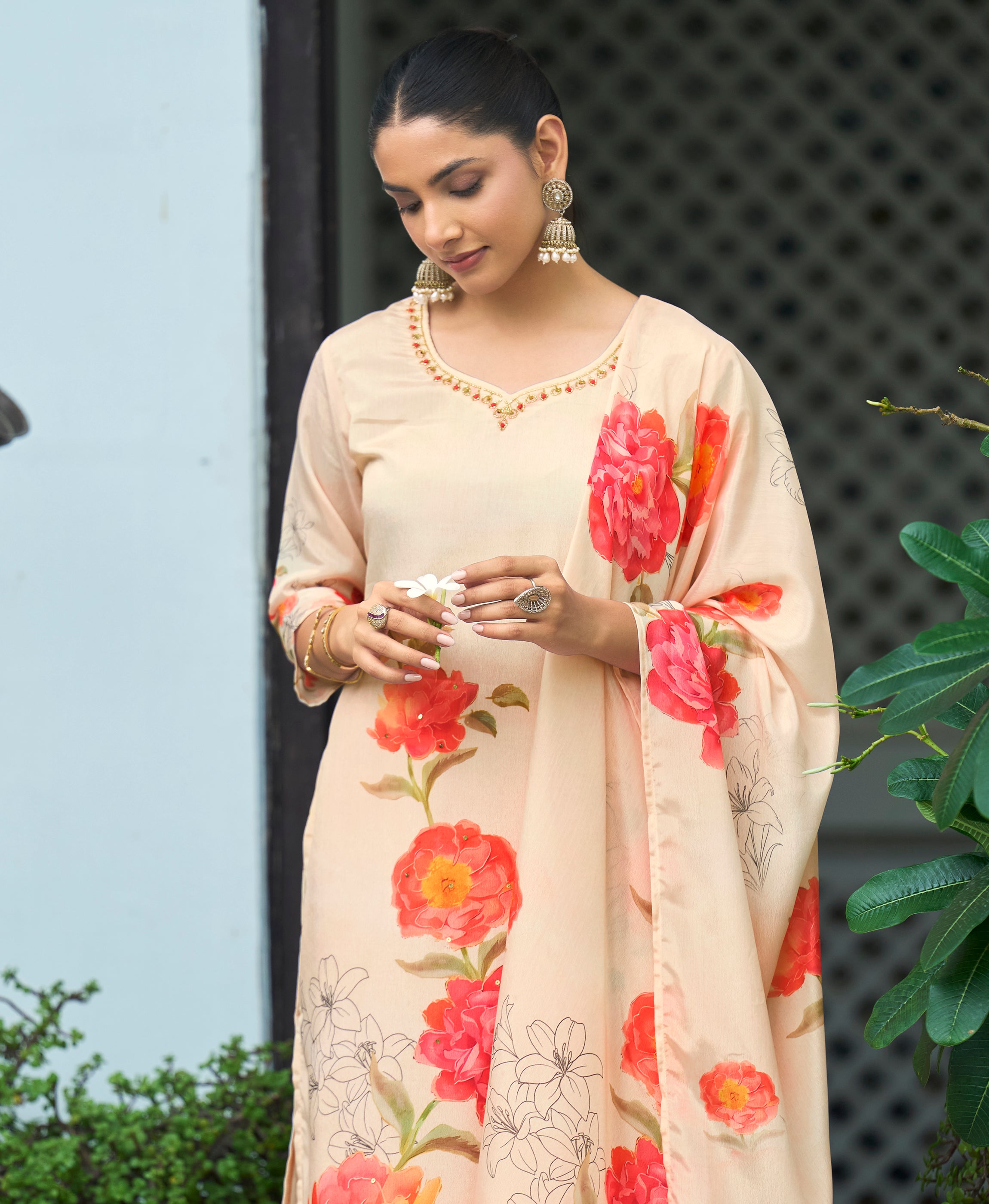 Her Couture Women's Beige Chinon Chiffon Floral Printed Straight Kurta With Pant & Printed Dupatta