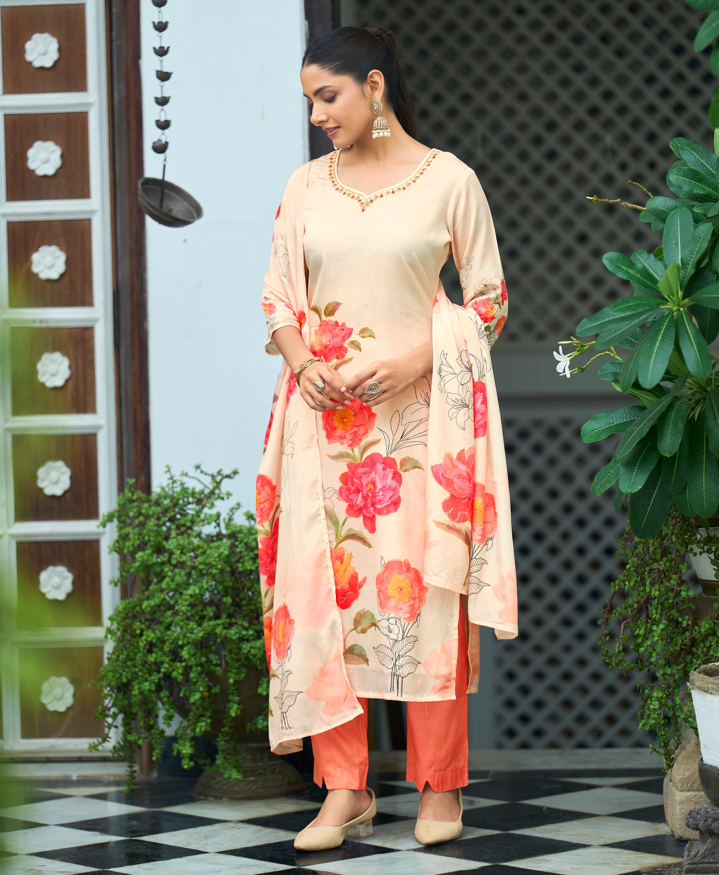 Her Couture Women's Beige Chinon Chiffon Floral Printed Straight Kurta With Pant & Printed Dupatta