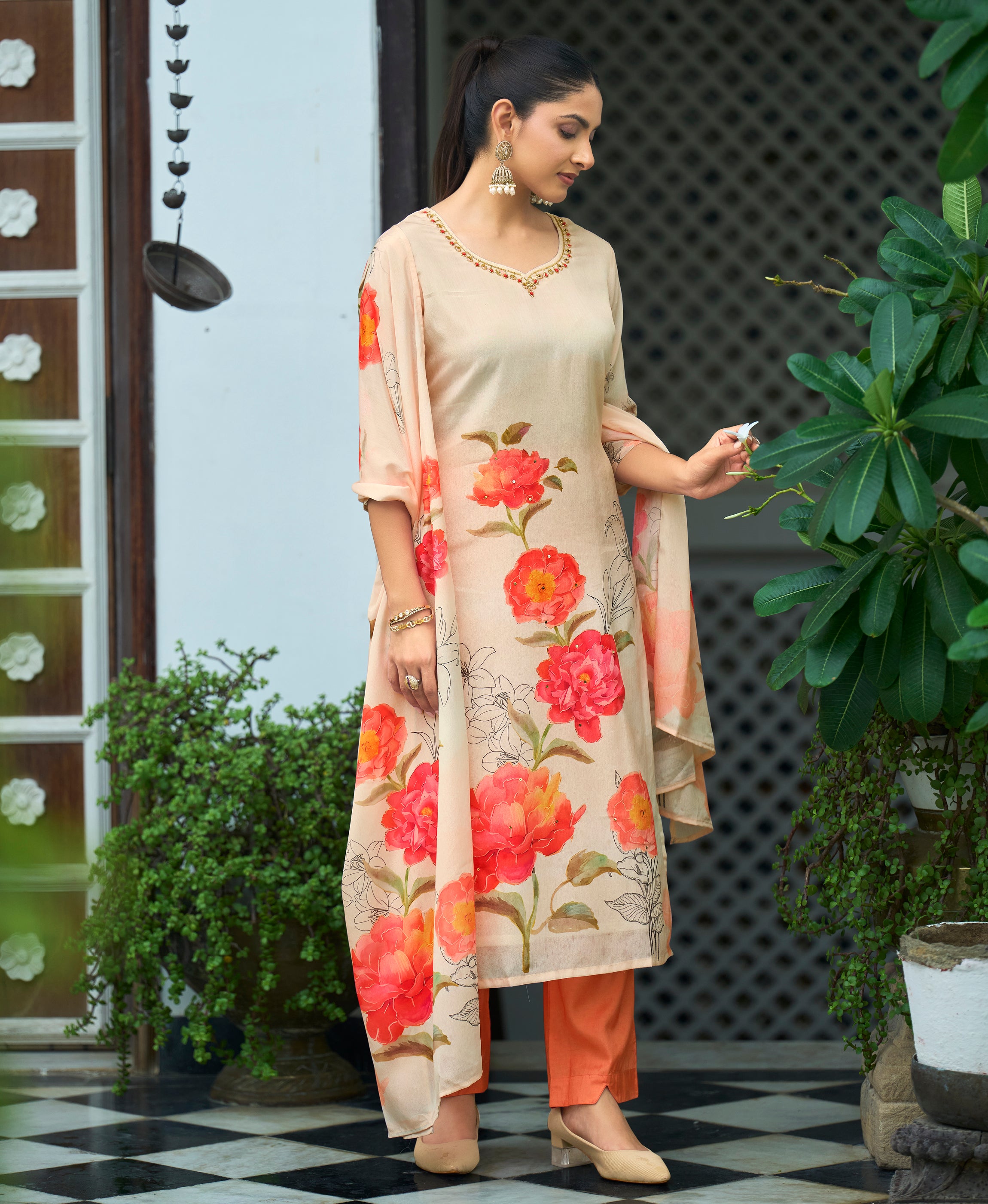 Her Couture Women's Beige Chinon Chiffon Floral Printed Straight Kurta With Pant & Printed Dupatta