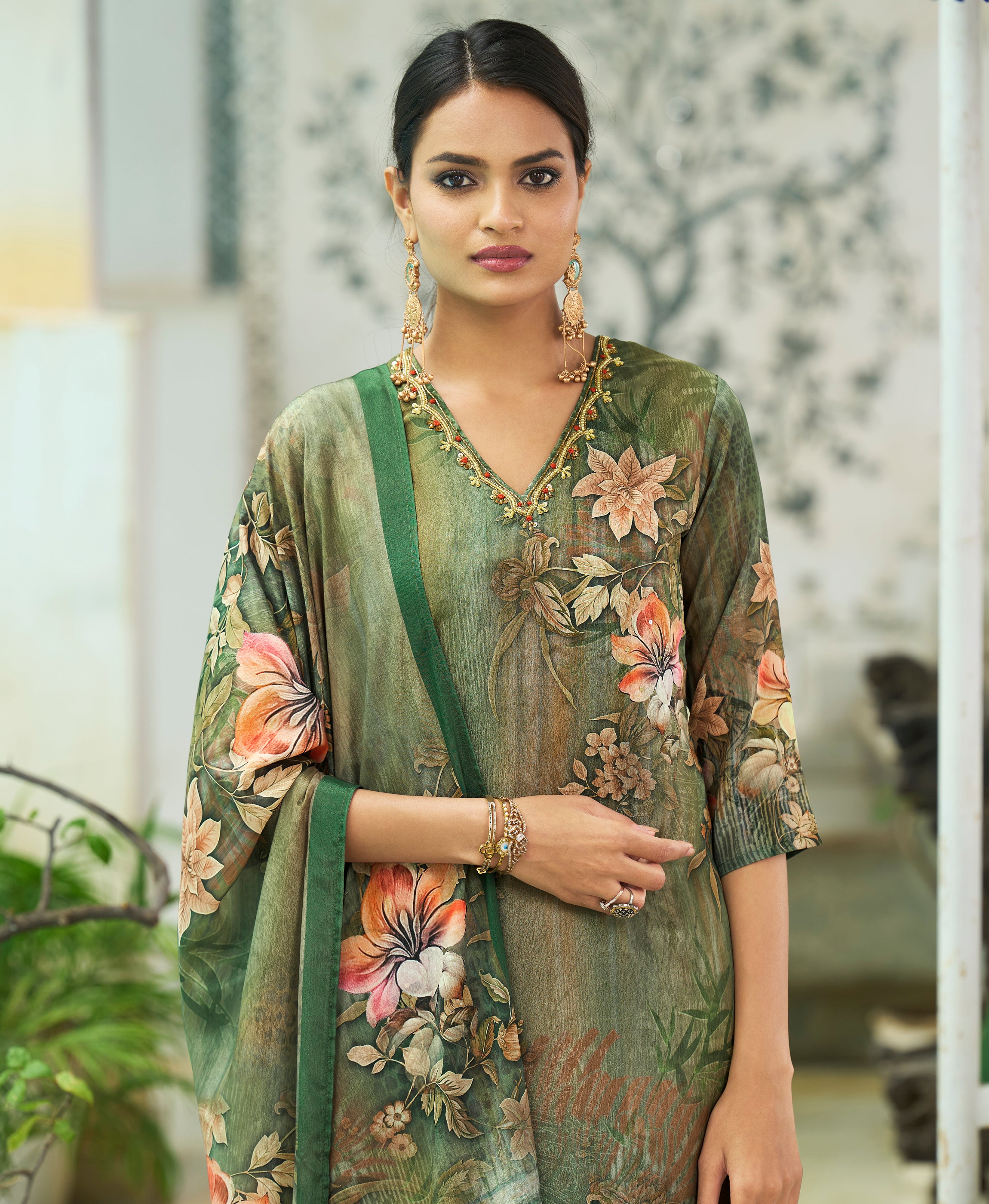 Her Couture Women's Olive Green Chinon Chiffon Floral Printed Straight Kurta With Pant & Printed Dupatta