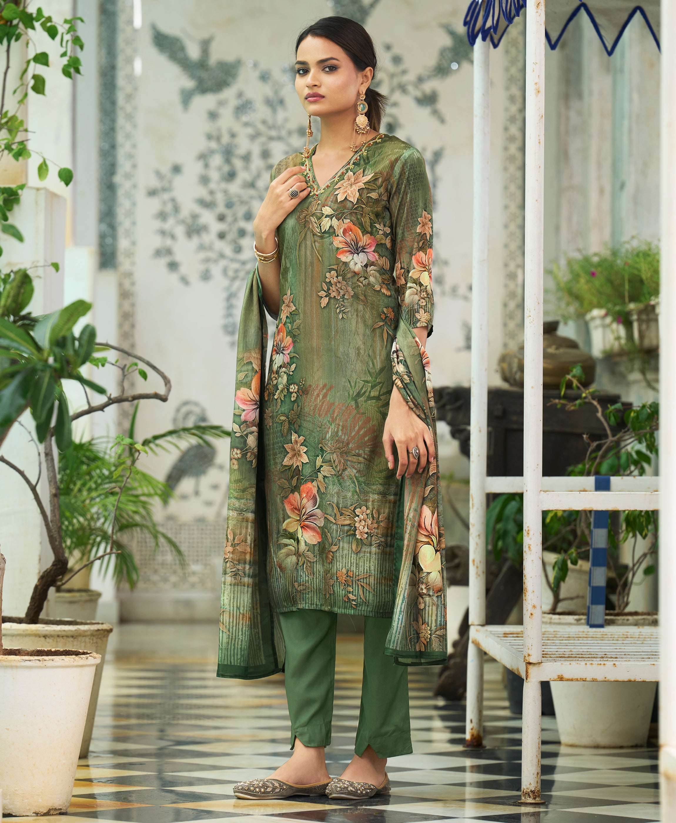 Her Couture Women's Olive Green Chinon Chiffon Floral Printed Straight Kurta With Pant & Printed Dupatta