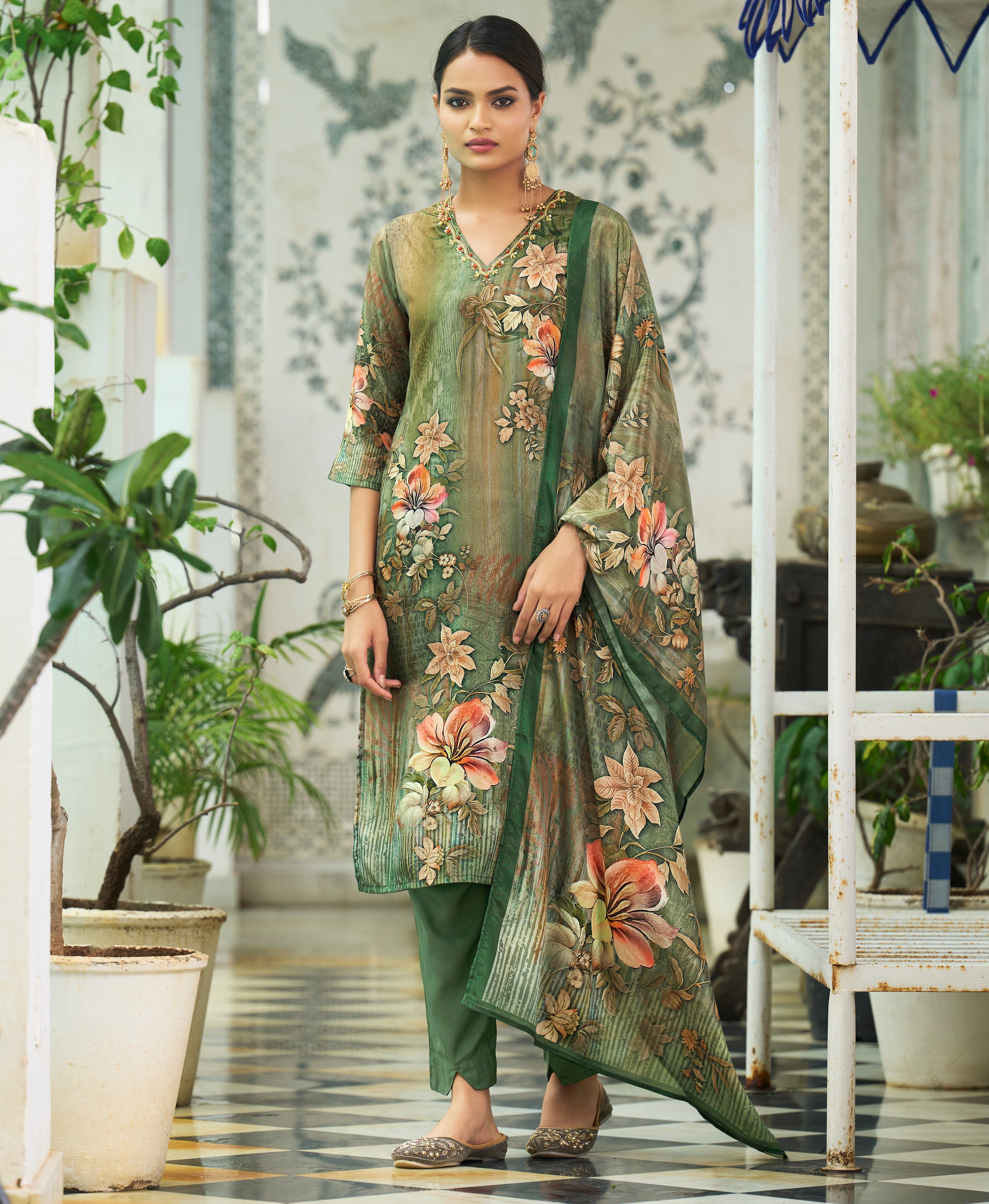 Her Couture Women's Olive Green Chinon Chiffon Floral Printed Straight Kurta With Pant & Printed Dupatta