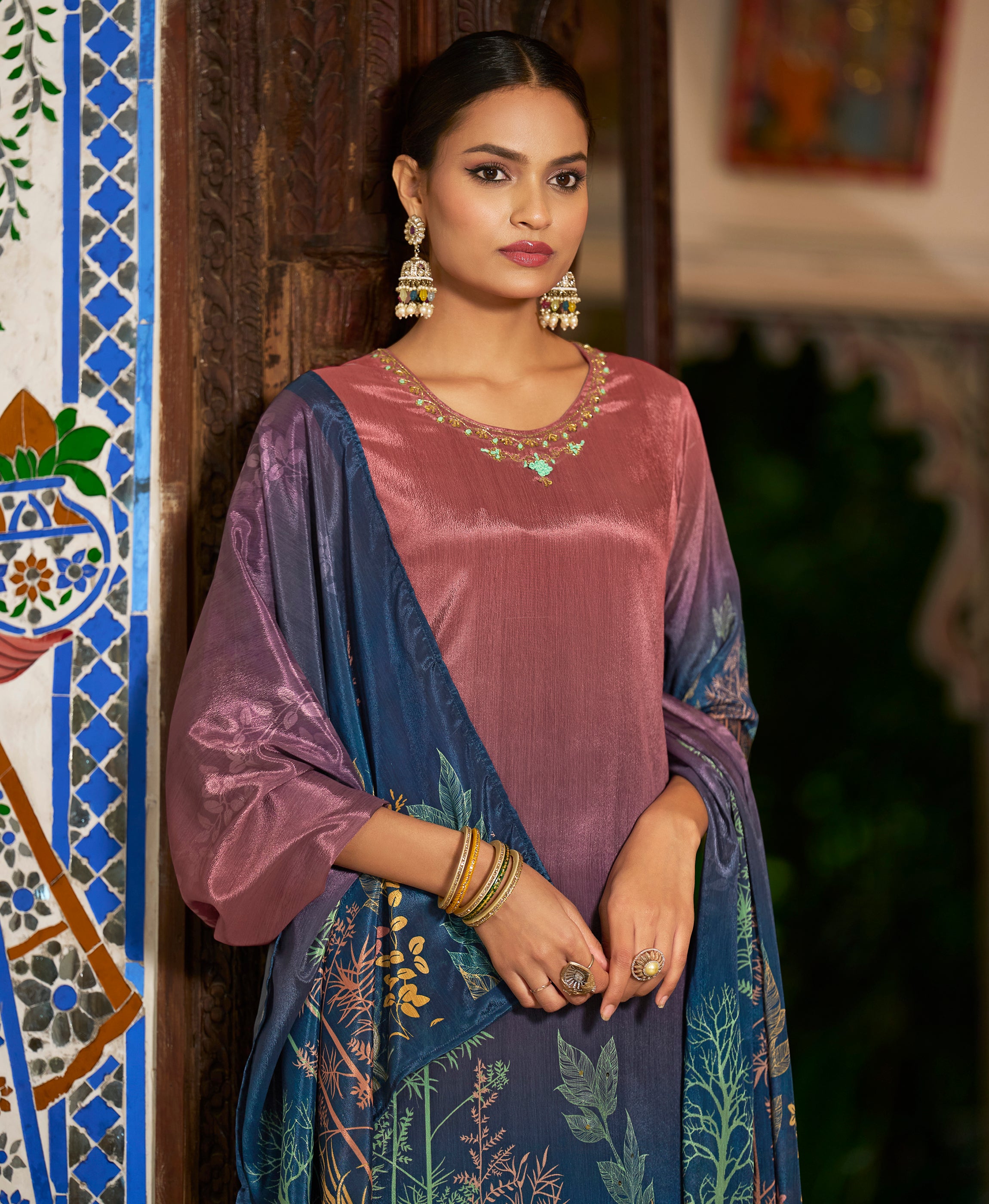 Her Couture Women's Mauve Chinon Chiffon Floral Printed Straight Kurta With Pant & Printed Dupatta