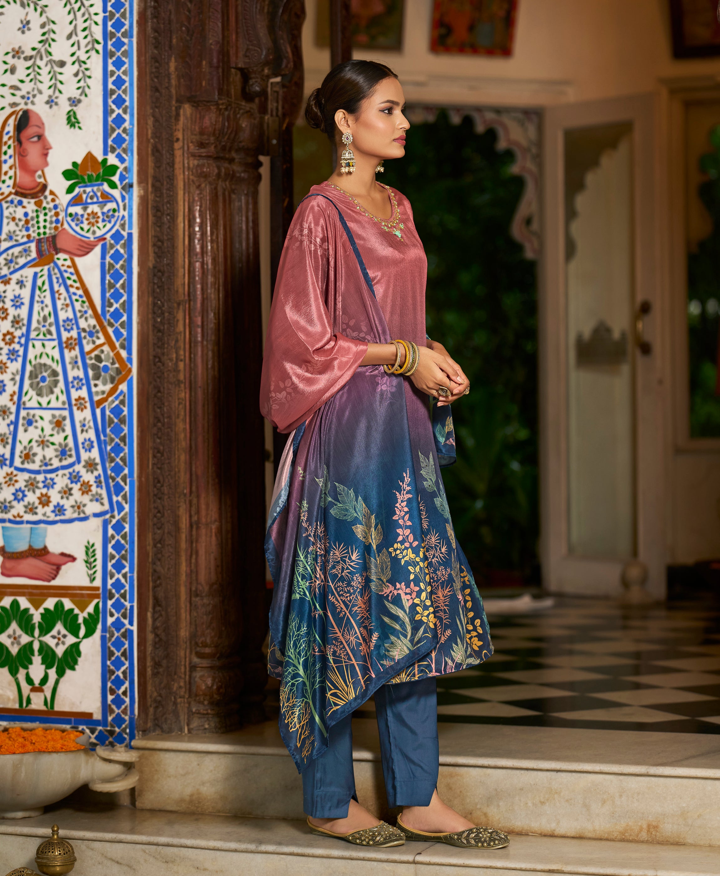 Her Couture Women's Mauve Chinon Chiffon Floral Printed Straight Kurta With Pant & Printed Dupatta
