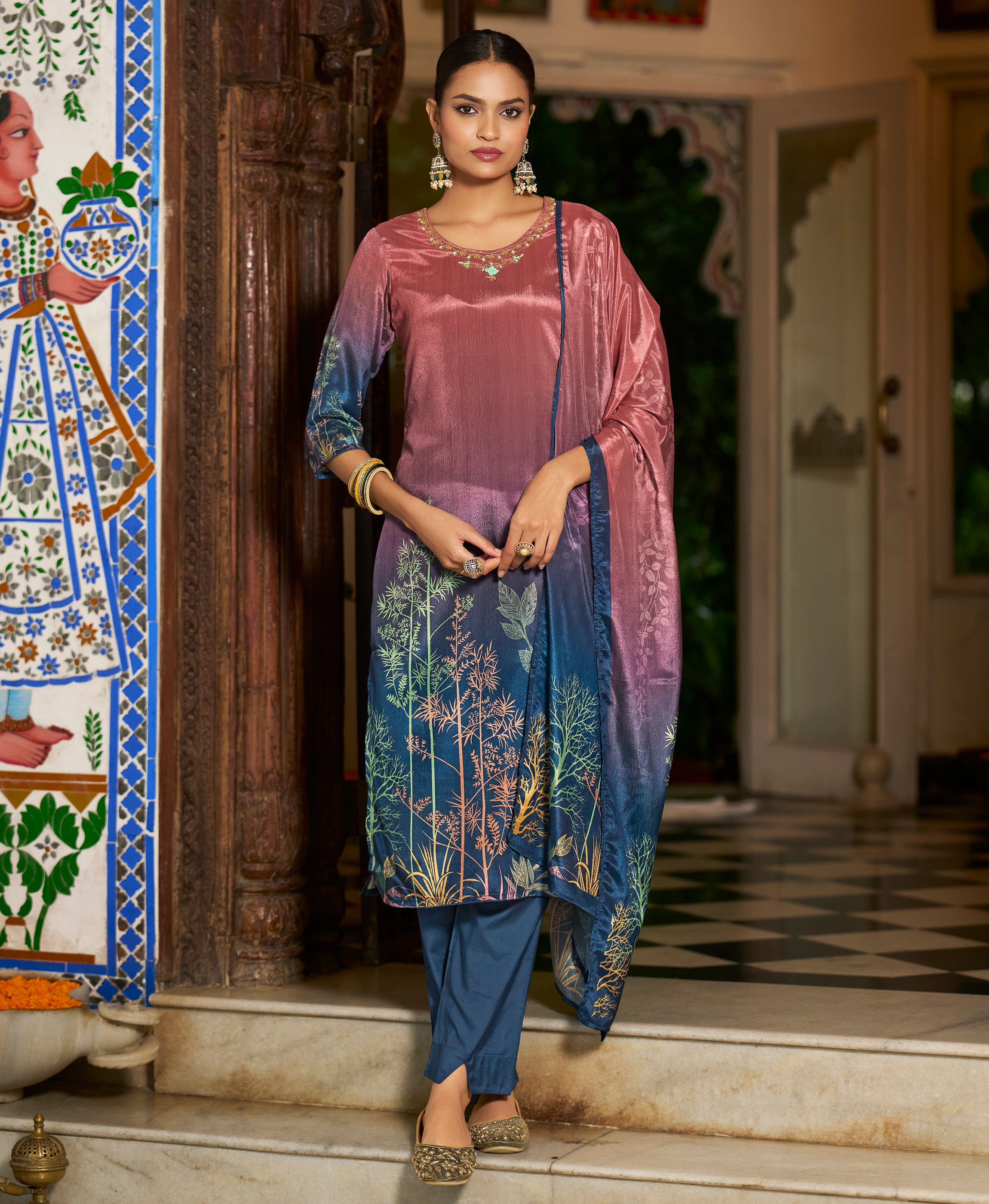 Her Couture Women's Mauve Chinon Chiffon Floral Printed Straight Kurta With Pant & Printed Dupatta