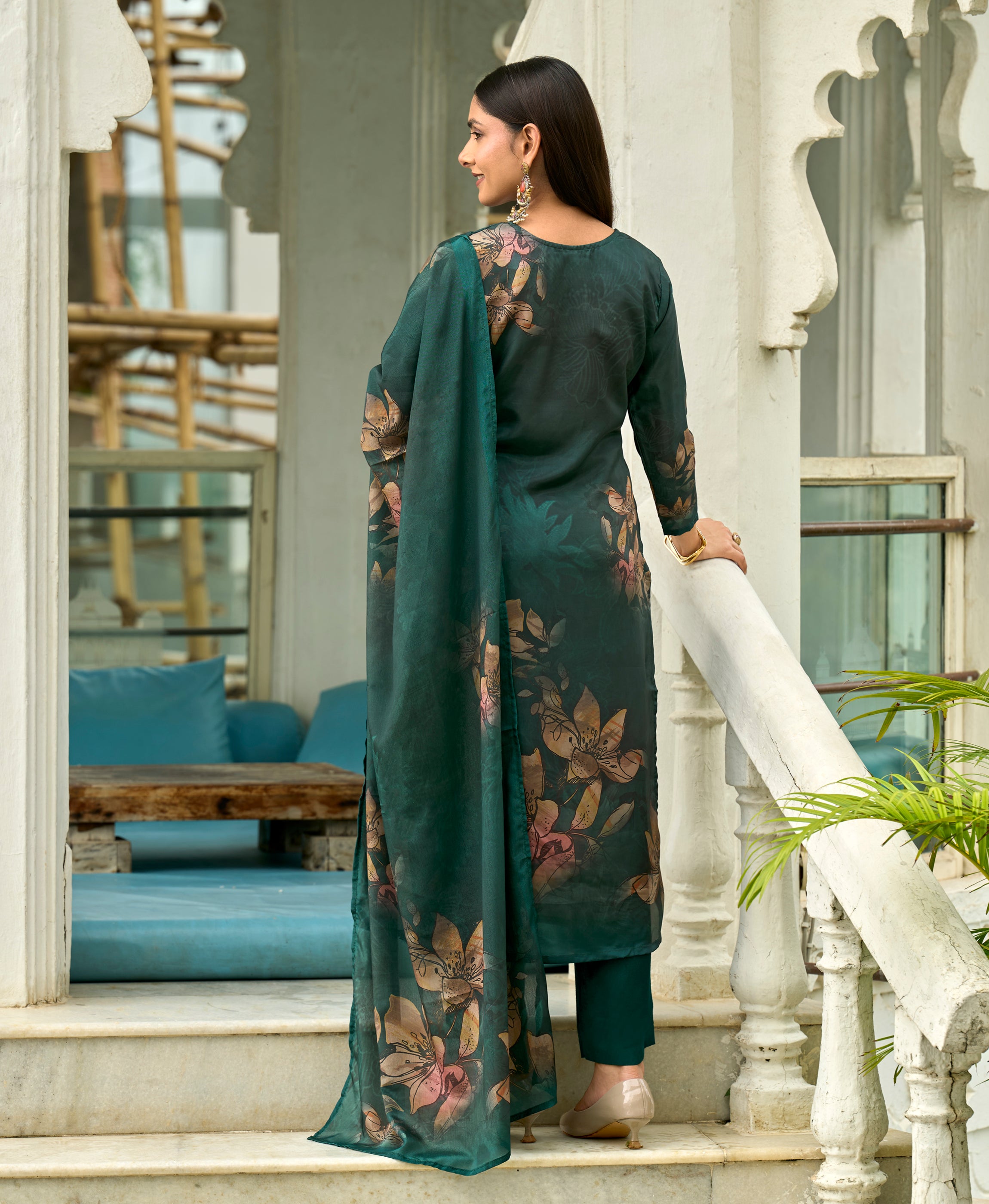 Her Couture Women's Dark Green HO Organza Floral Printed Straight Kurta With Pant & Printed Dupatta