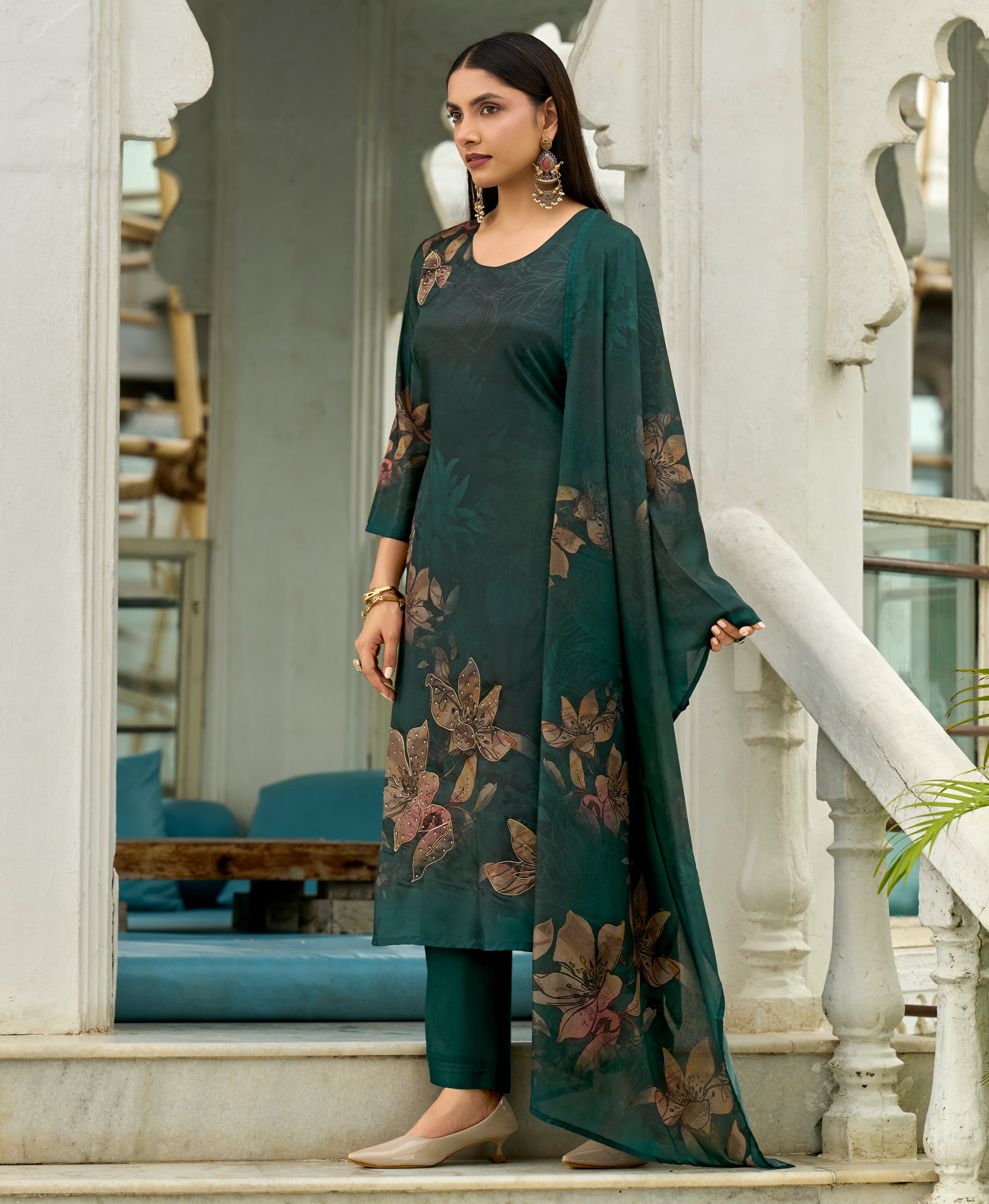 Her Couture Women's Dark Green HO Organza Floral Printed Straight Kurta With Pant & Printed Dupatta