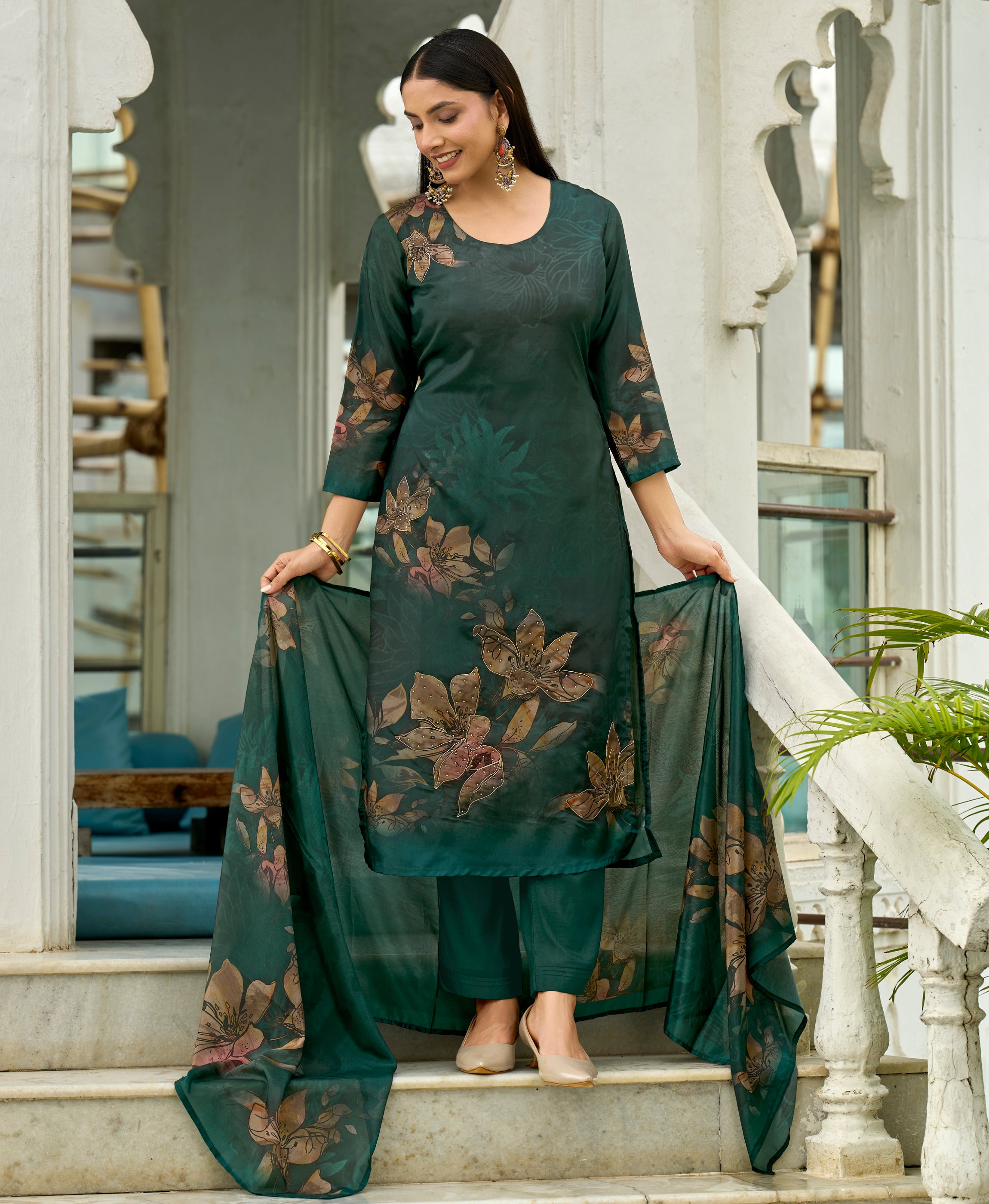 Her Couture Women's Dark Green HO Organza Floral Printed Straight Kurta With Pant & Printed Dupatta