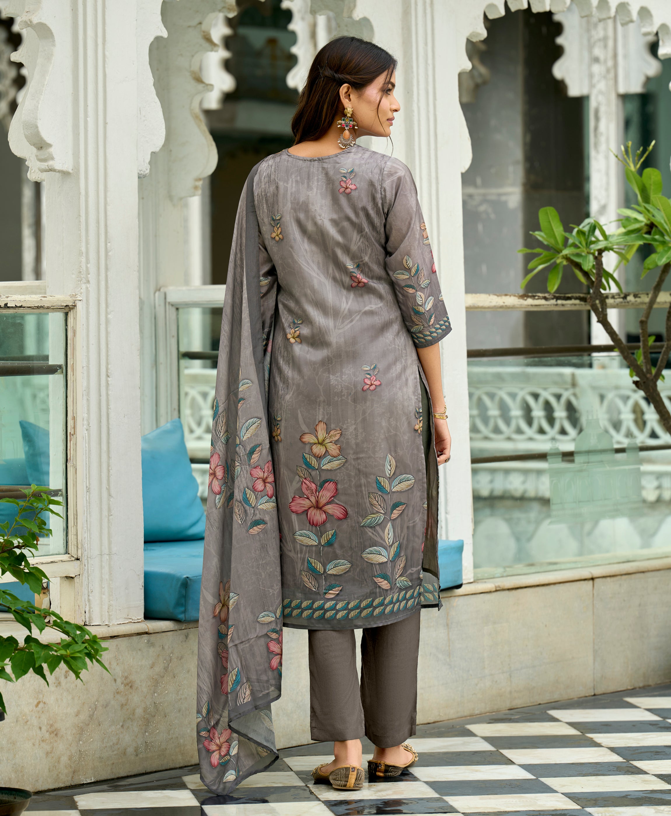Her Couture Women's Grey HO Organza Floral Printed Straight Kurta With Pant & Printed Dupatta