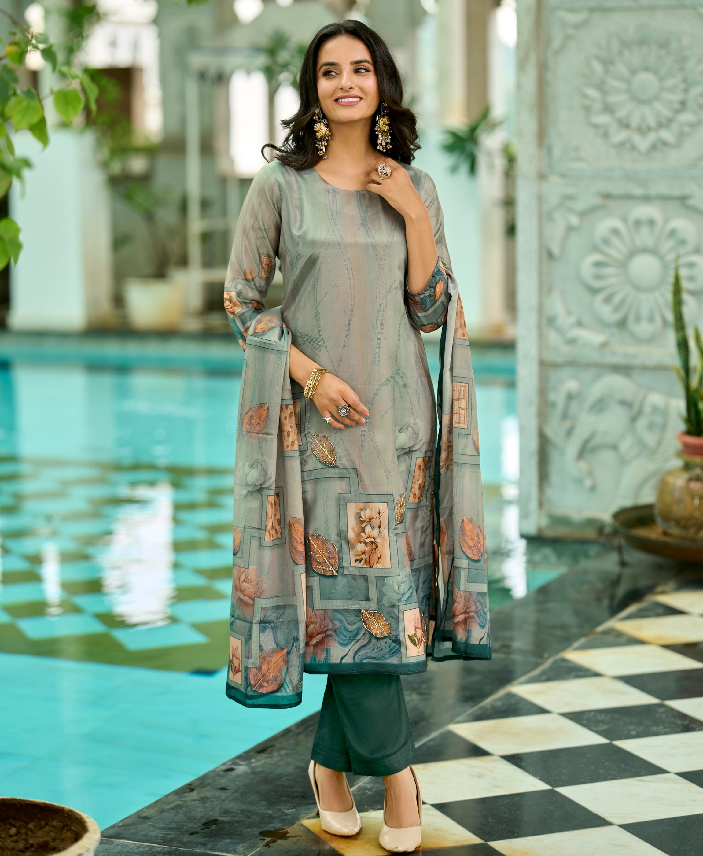Sea Green HO Organza Straight Festive & Party Kurta Set by Her Couture