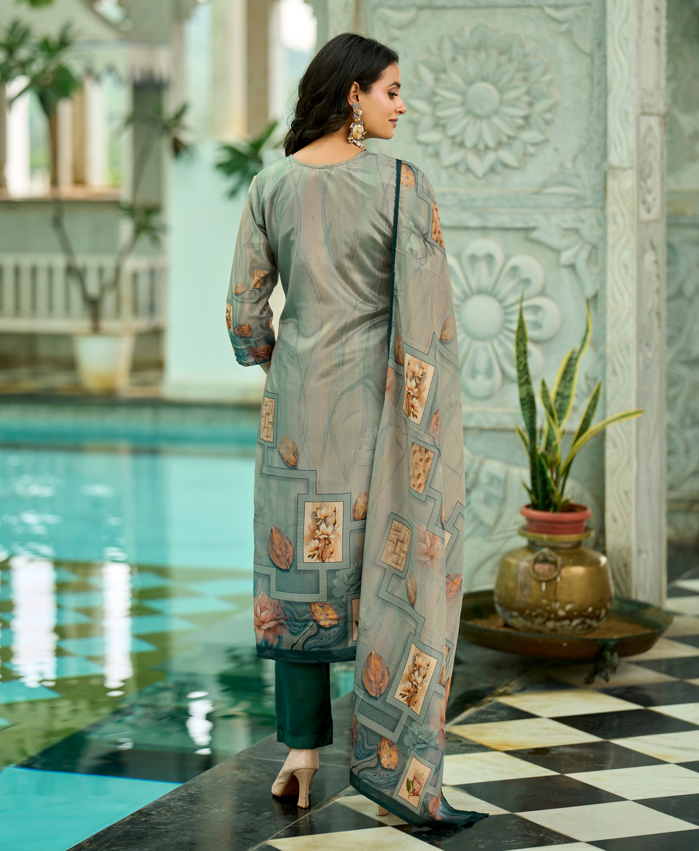 Her Couture Women's Sea Green HO Organza Floral Printed Straight Kurta With Pant & Printed Dupatta