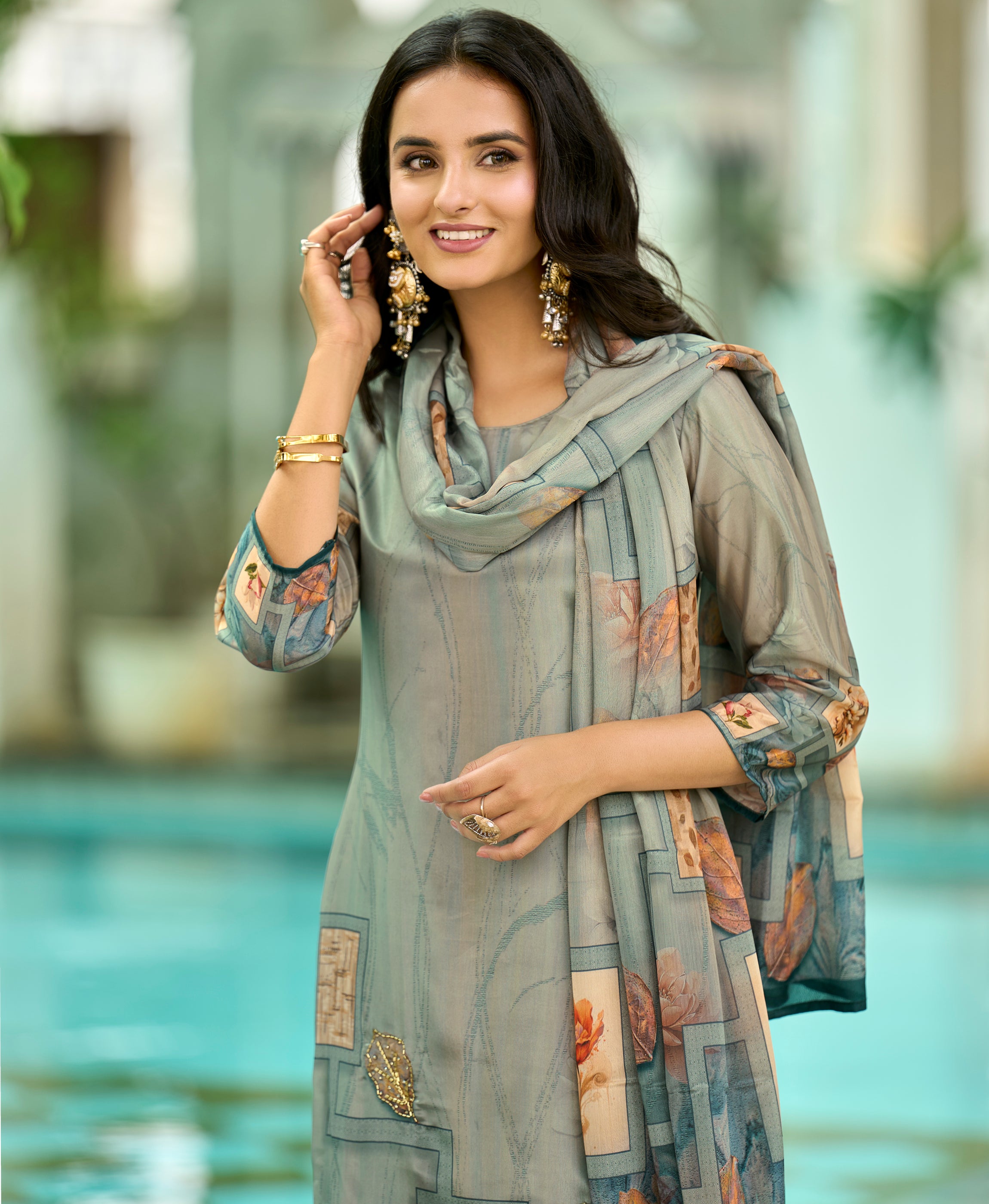 Her Couture Women's Sea Green HO Organza Floral Printed Straight Kurta With Pant & Printed Dupatta
