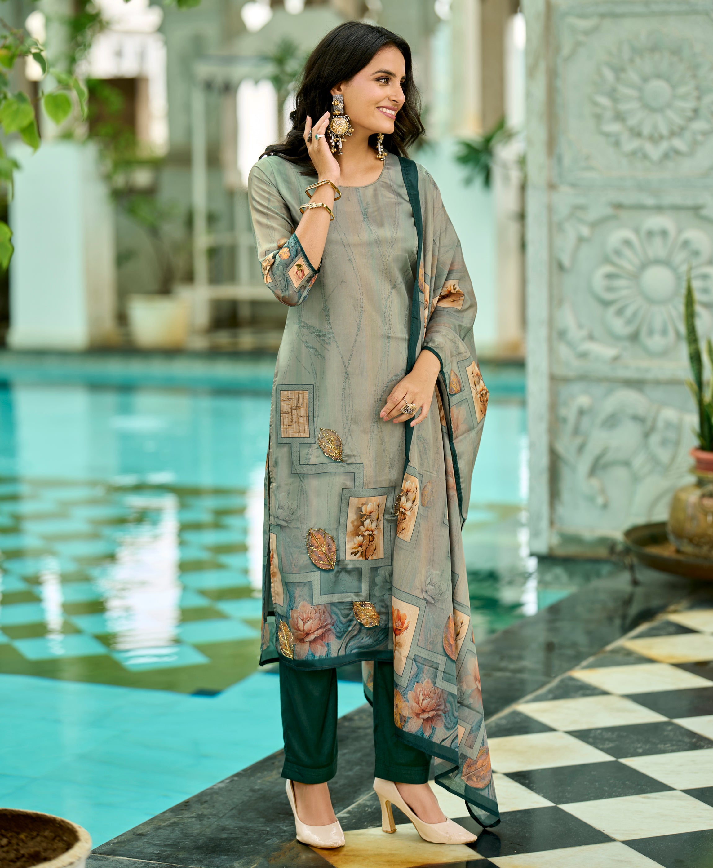Her Couture Women's Sea Green HO Organza Floral Printed Straight Kurta With Pant & Printed Dupatta