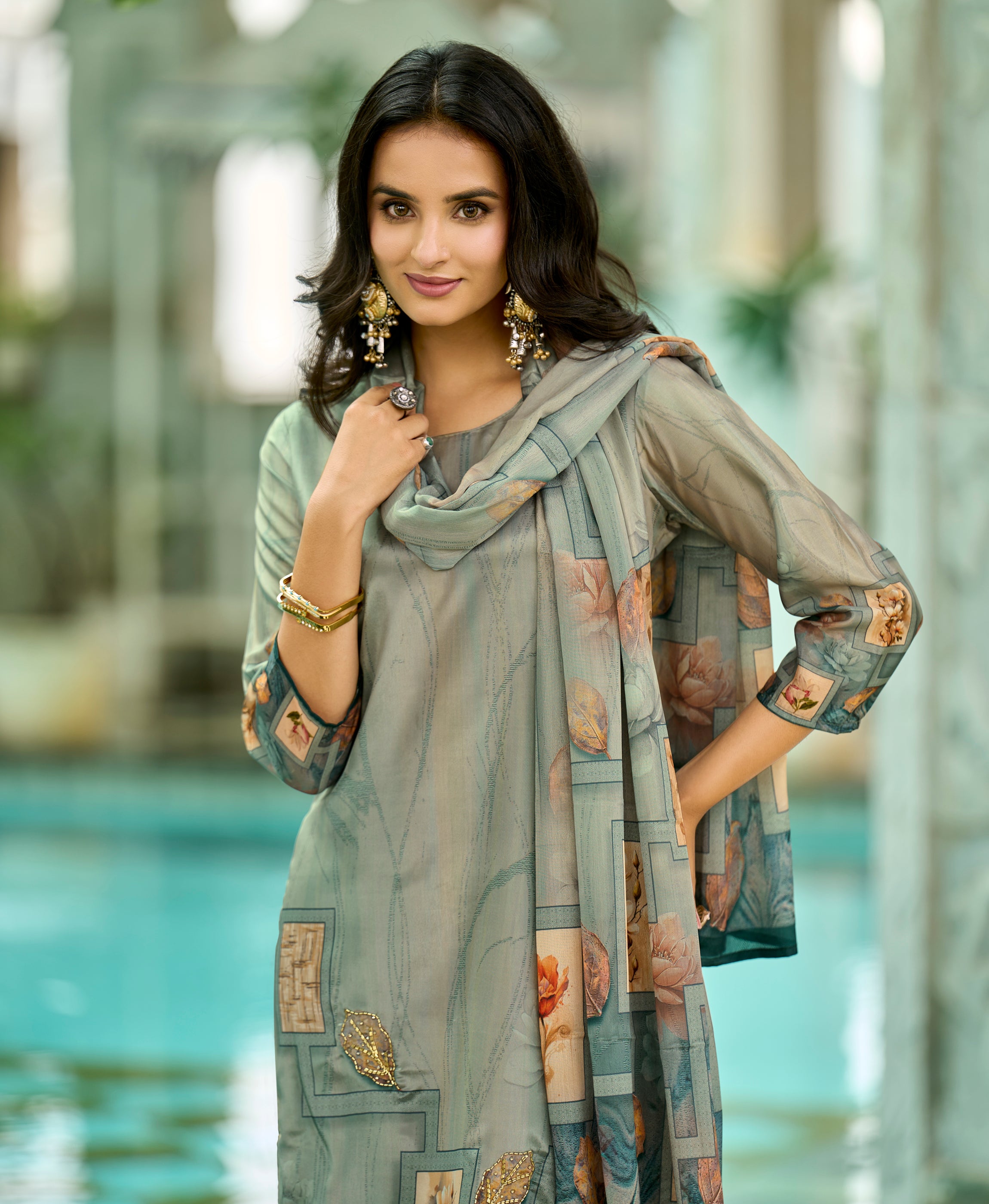 Her Couture Women's Sea Green HO Organza Floral Printed Straight Kurta With Pant & Printed Dupatta