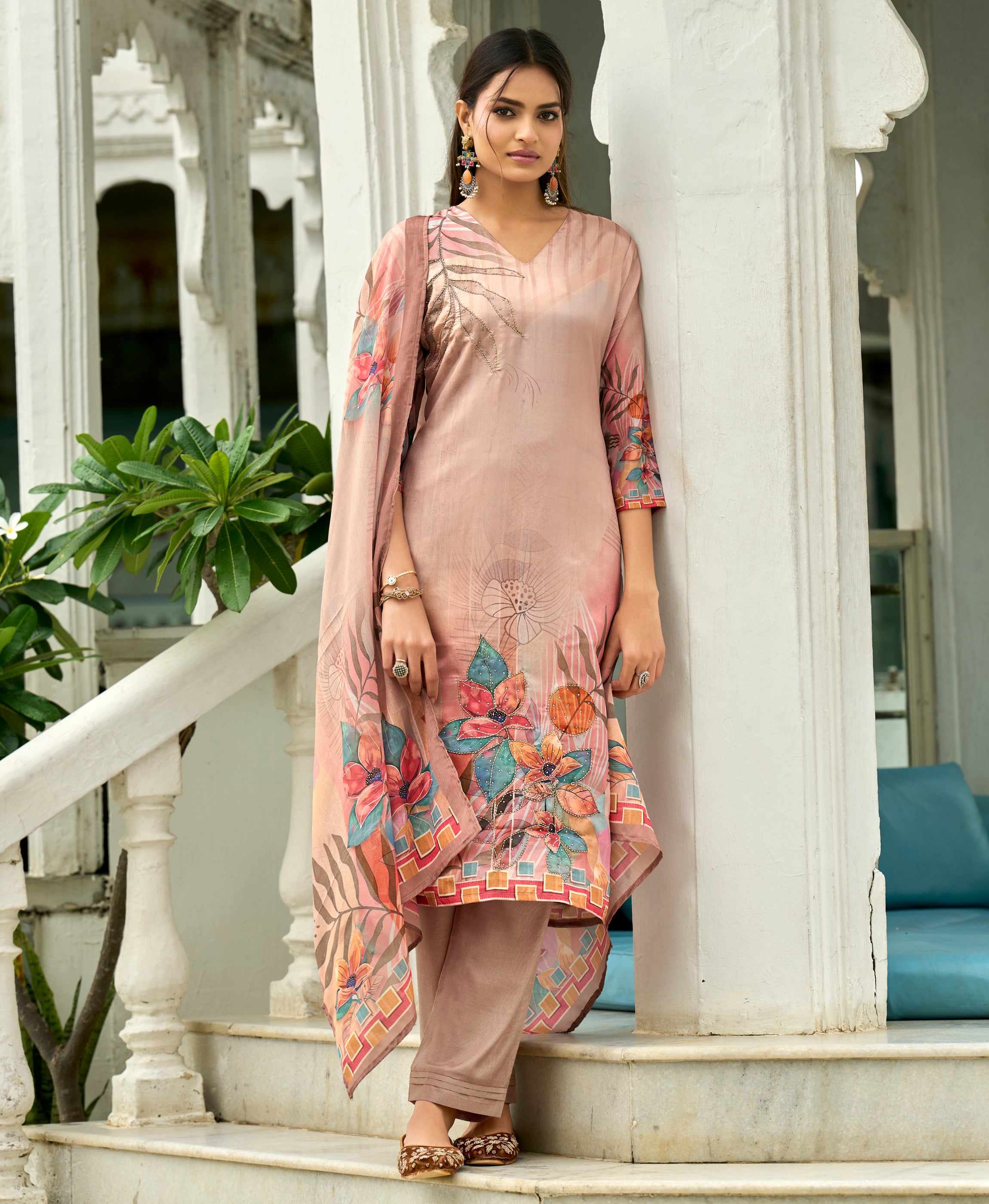 Pink HO Organza Straight Festive & Party Kurta Set by Her Couture