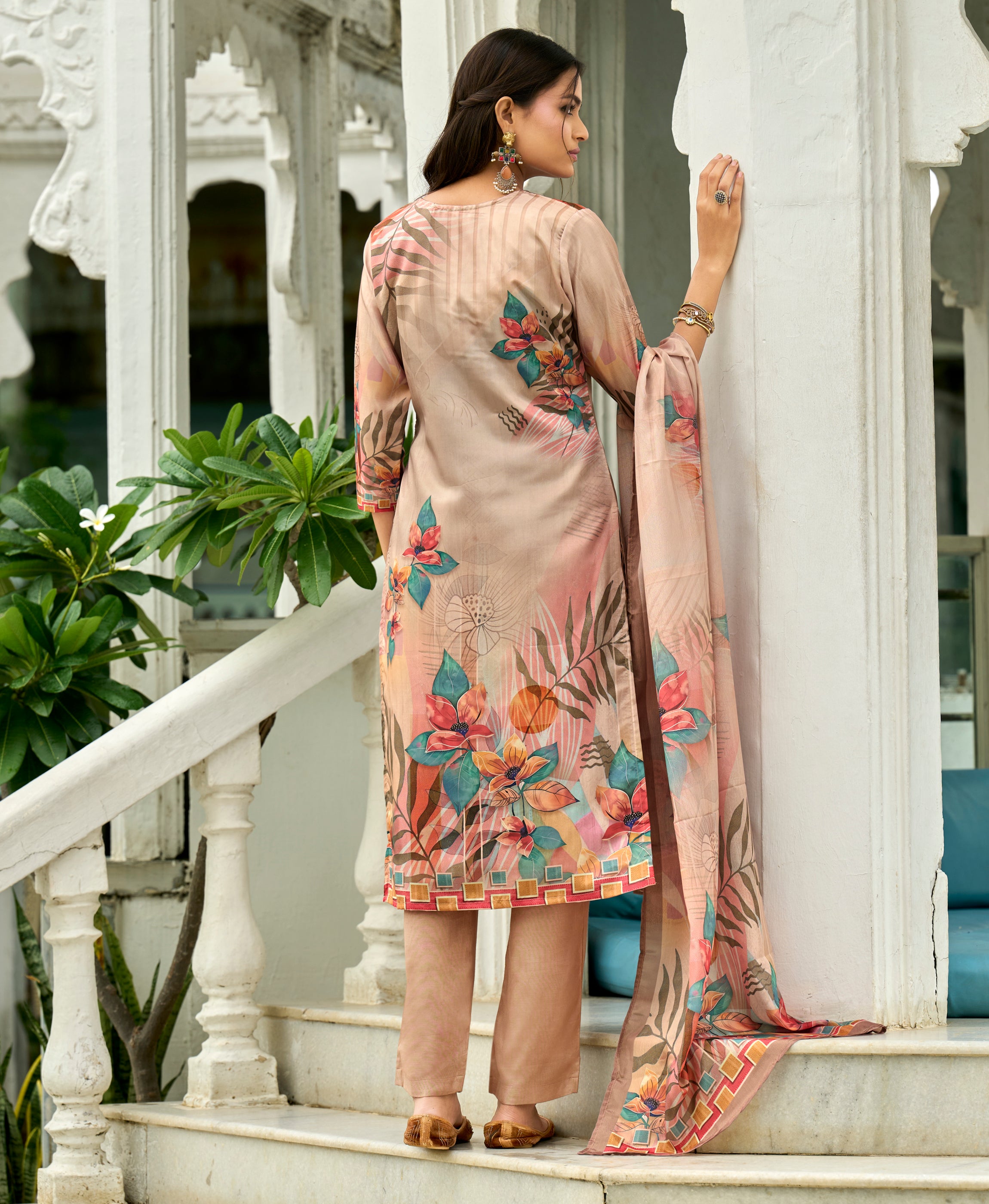 Her Couture Women's Pink HO Organza Floral Printed Straight Kurta With Pant & Printed Dupatta