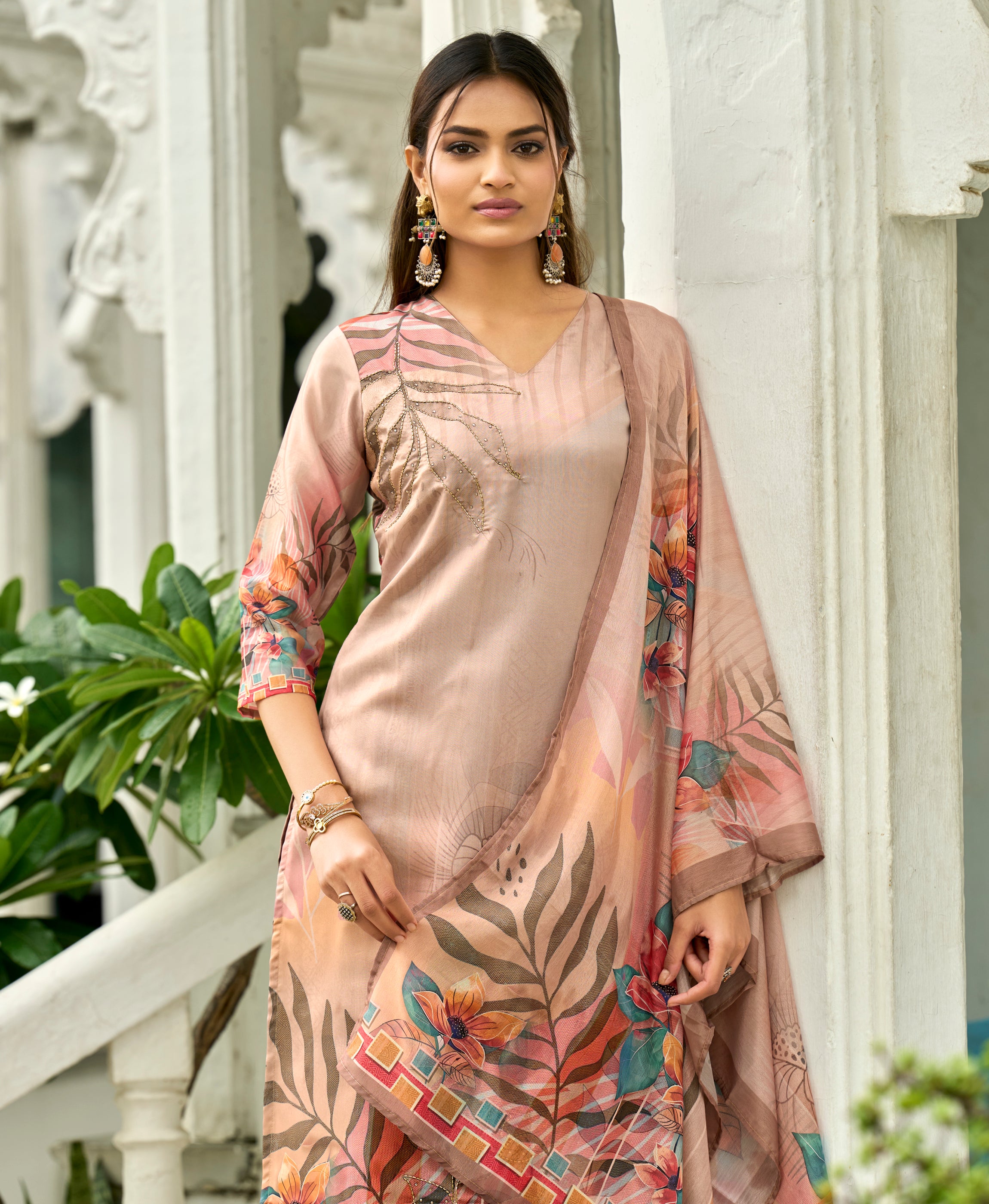 Her Couture Women's Pink HO Organza Floral Printed Straight Kurta With Pant & Printed Dupatta