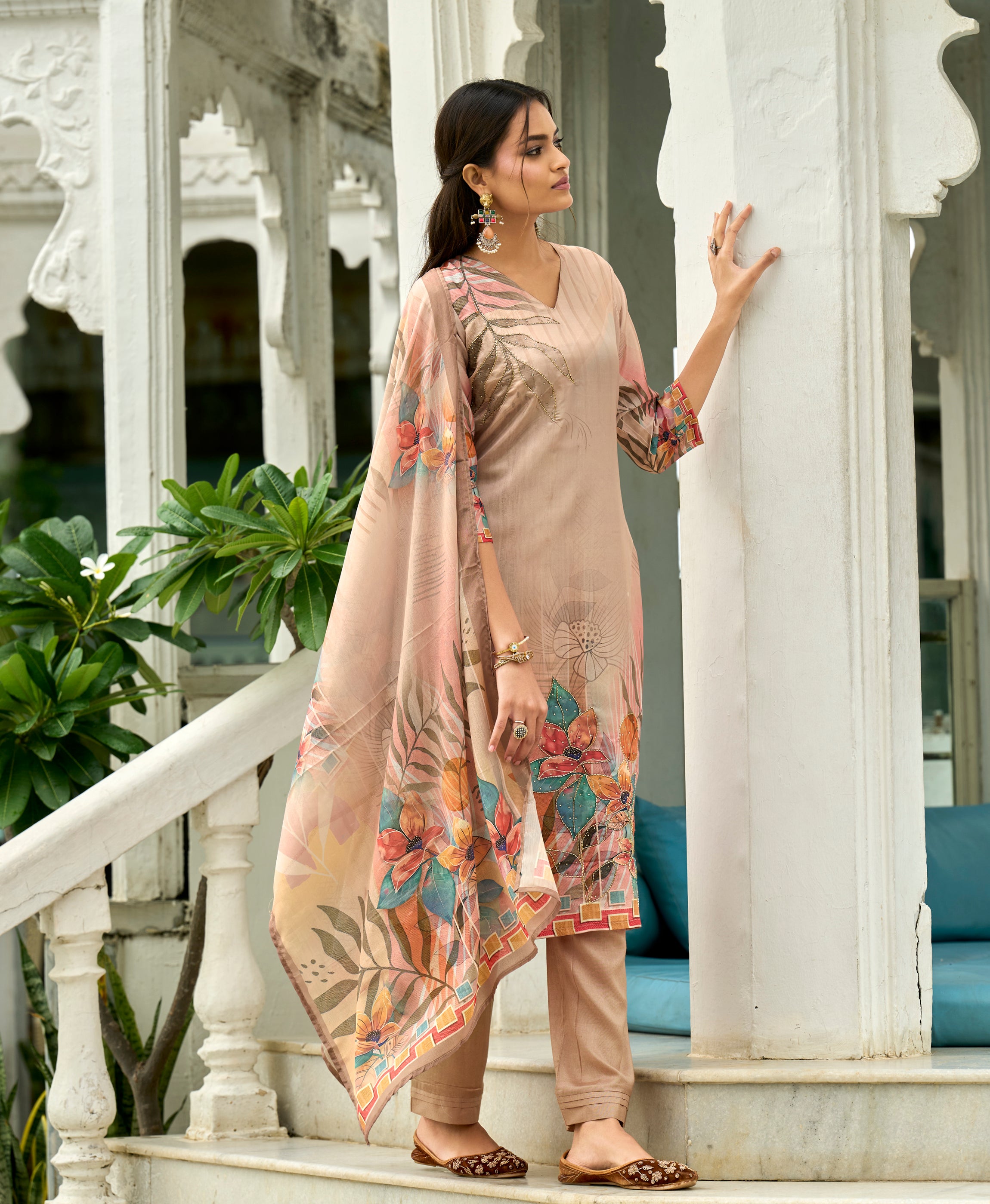 Her Couture Women's Pink HO Organza Floral Printed Straight Kurta With Pant & Printed Dupatta