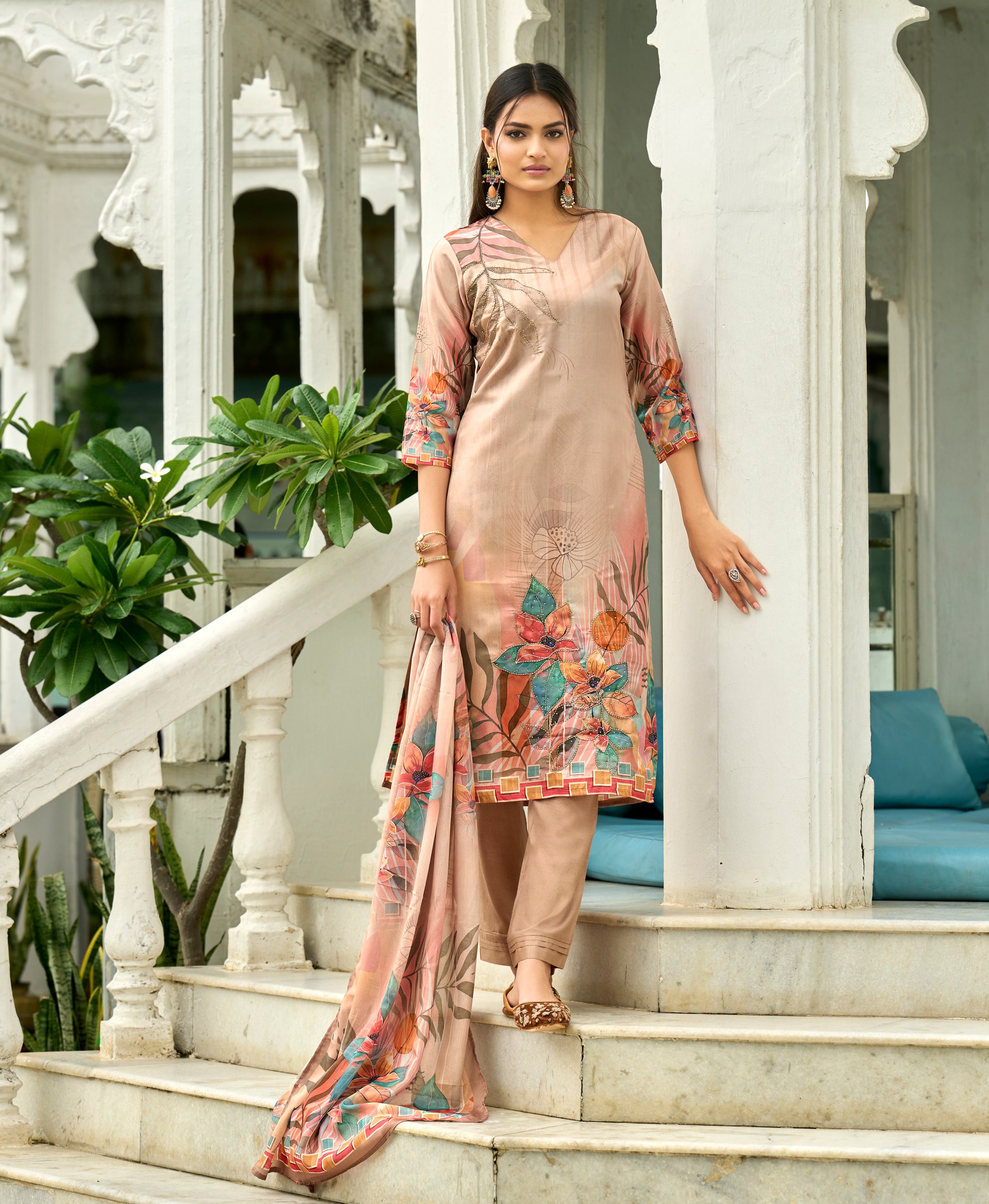 Her Couture Women's Pink HO Organza Floral Printed Straight Kurta With Pant & Printed Dupatta