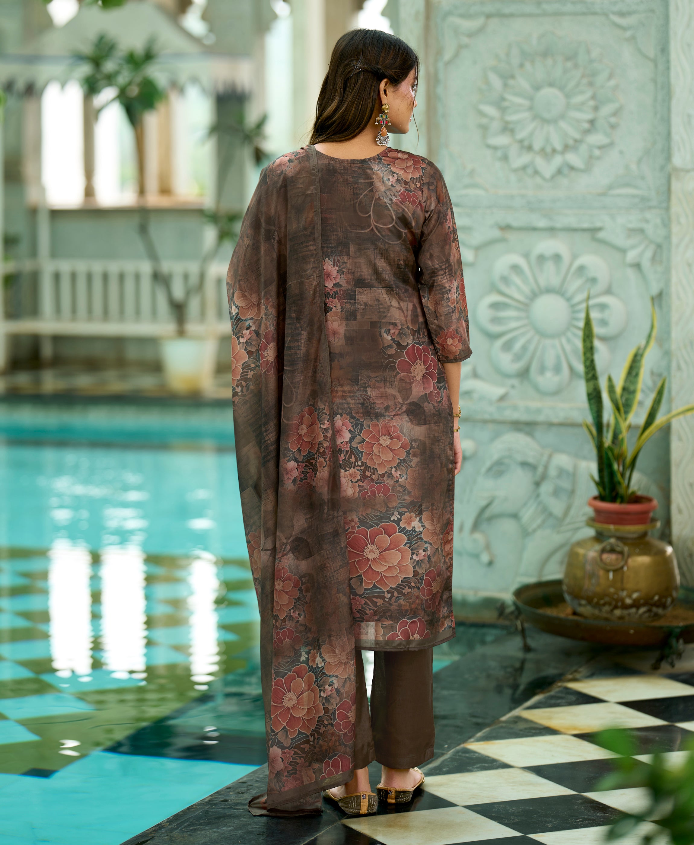 Her Couture Women's Brown HO Organza Floral Printed Straight Kurta With Pant & Printed Dupatta