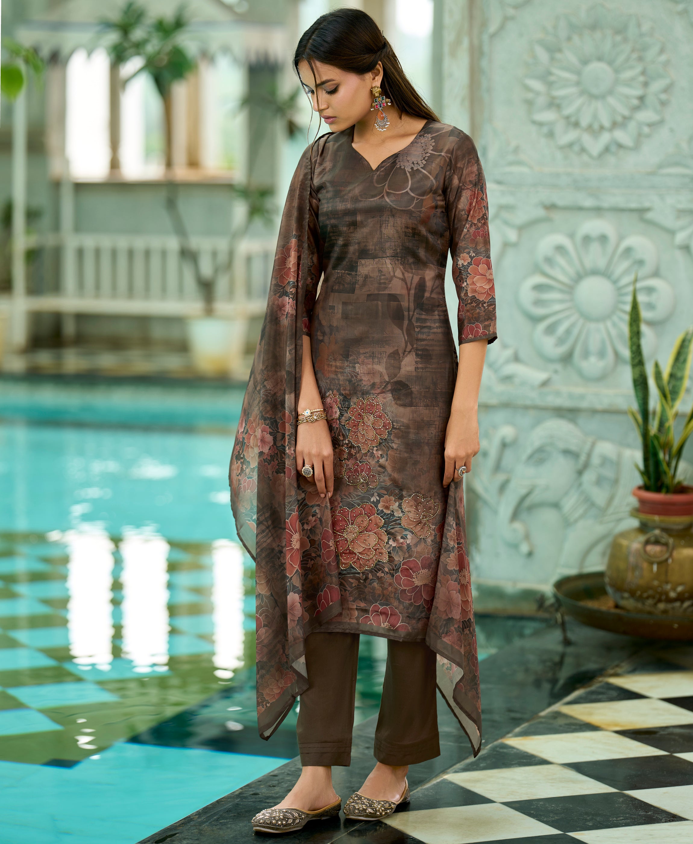 Her Couture Women's Brown HO Organza Floral Printed Straight Kurta With Pant & Printed Dupatta