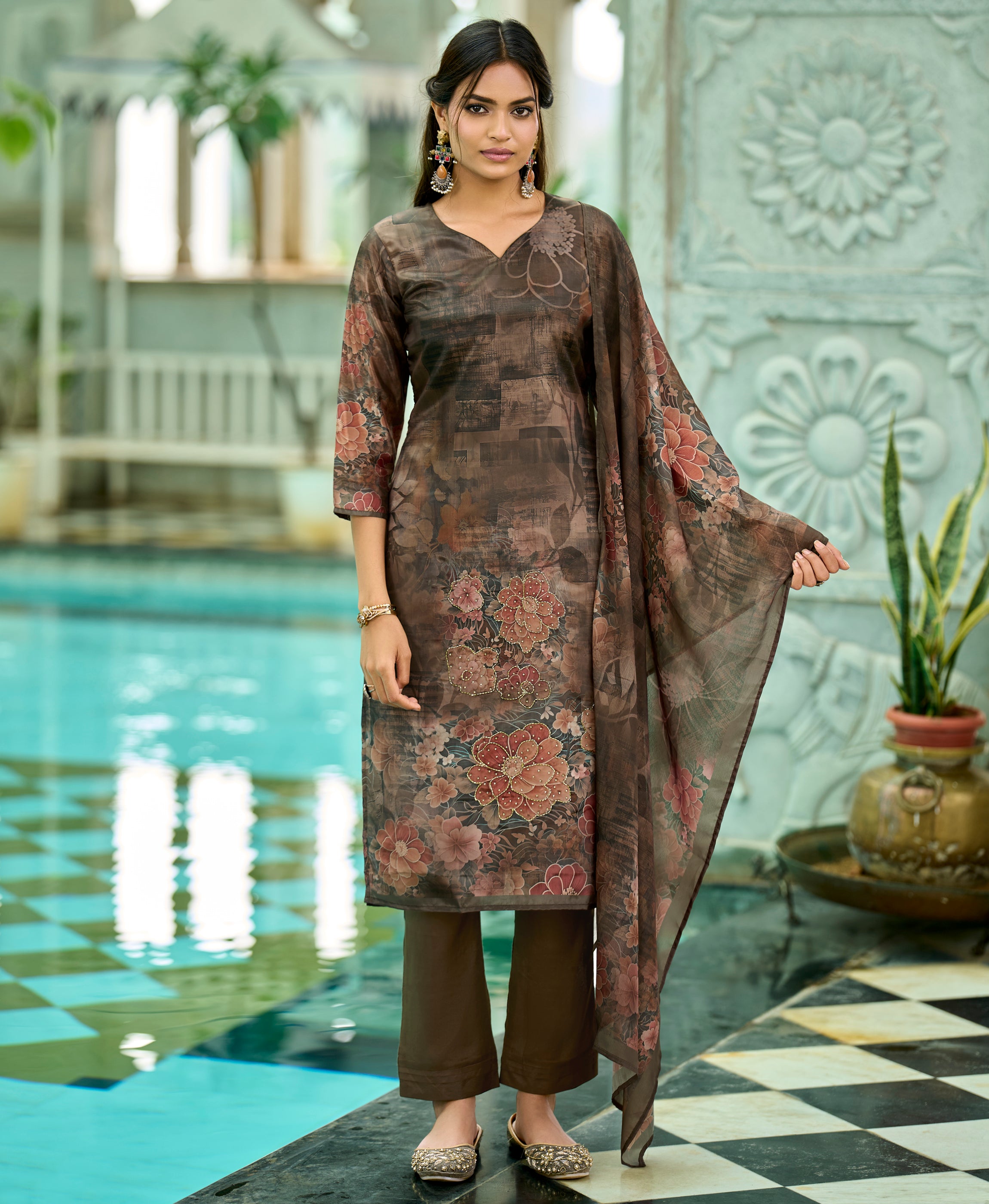 Her Couture Women's Brown HO Organza Floral Printed Straight Kurta With Pant & Printed Dupatta