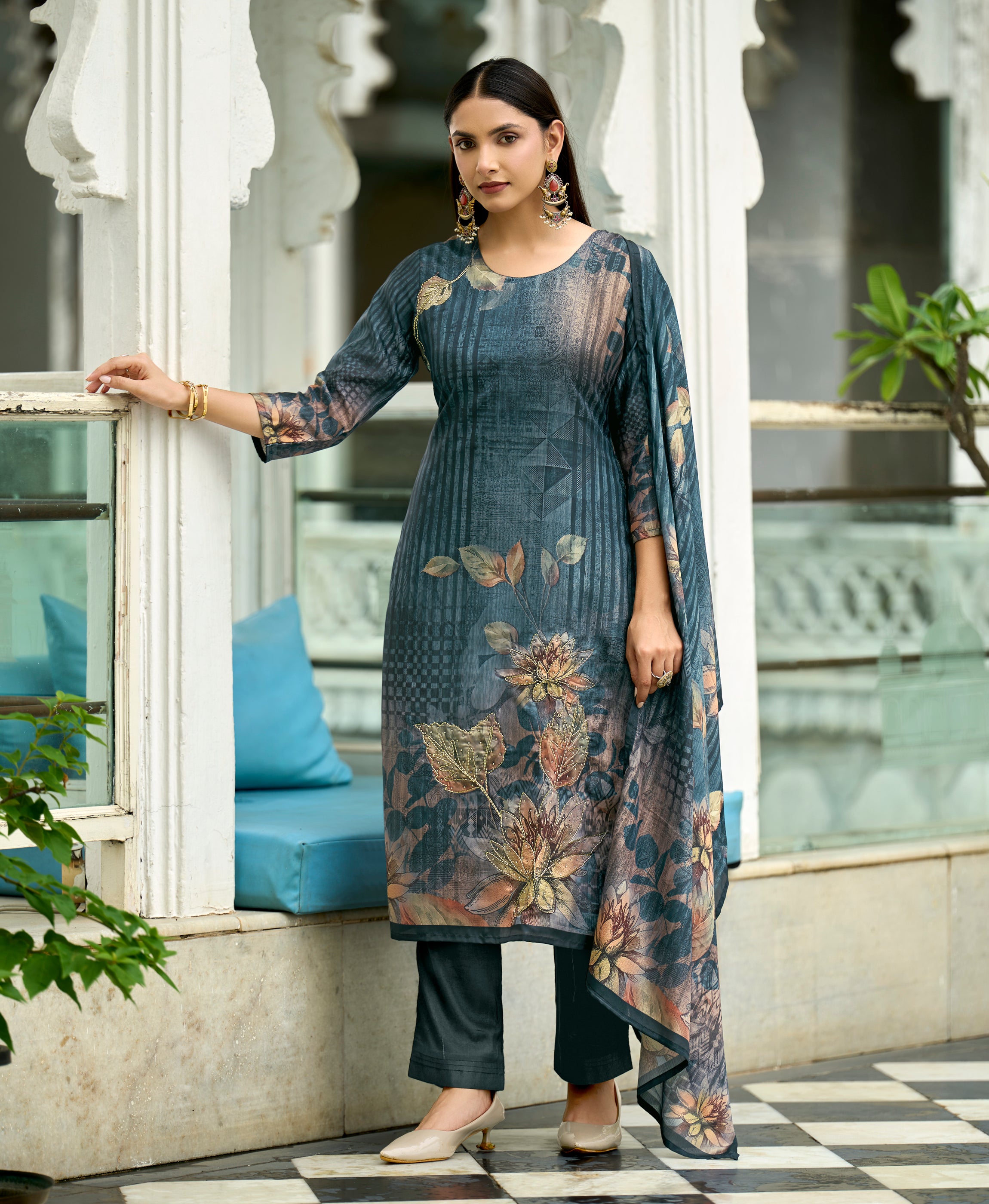 Teal Blue HO Organza Straight Festive & Party Kurta Set by Her Couture