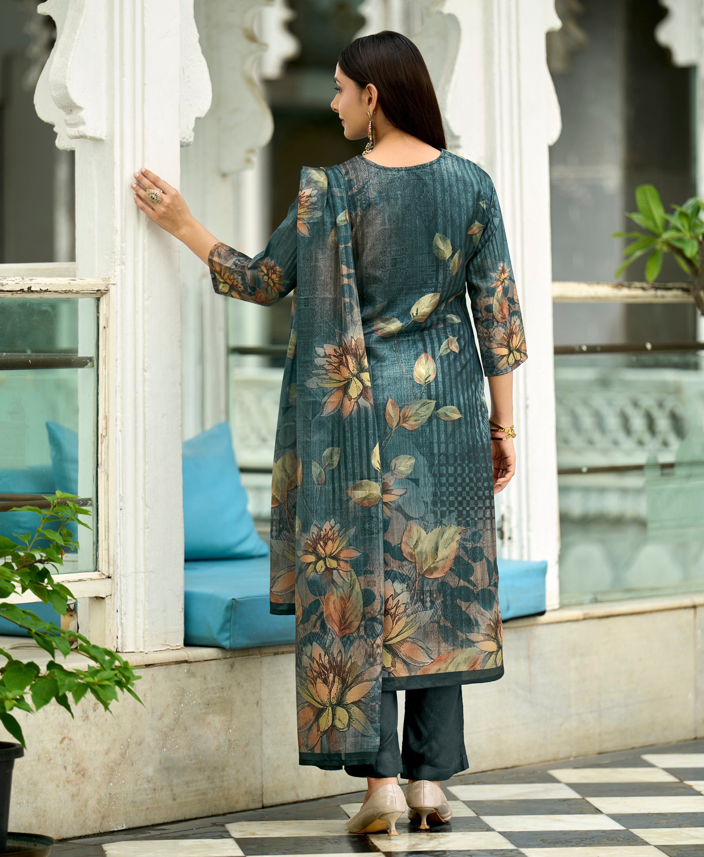 Her Couture Women's Teal Blue HO Organza Floral Printed Straight Kurta With Pant & Printed Dupatta