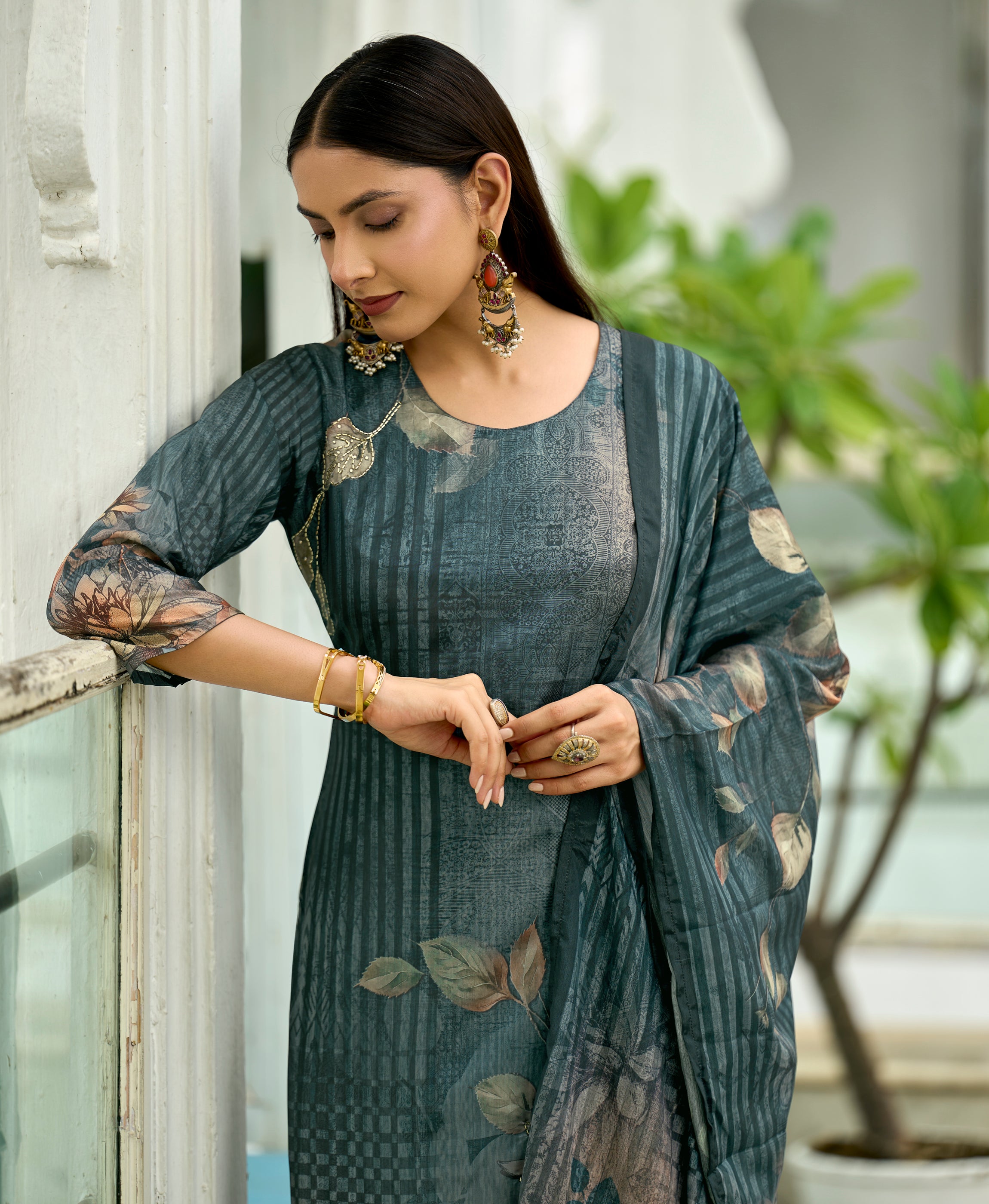 Her Couture Women's Teal Blue HO Organza Floral Printed Straight Kurta With Pant & Printed Dupatta
