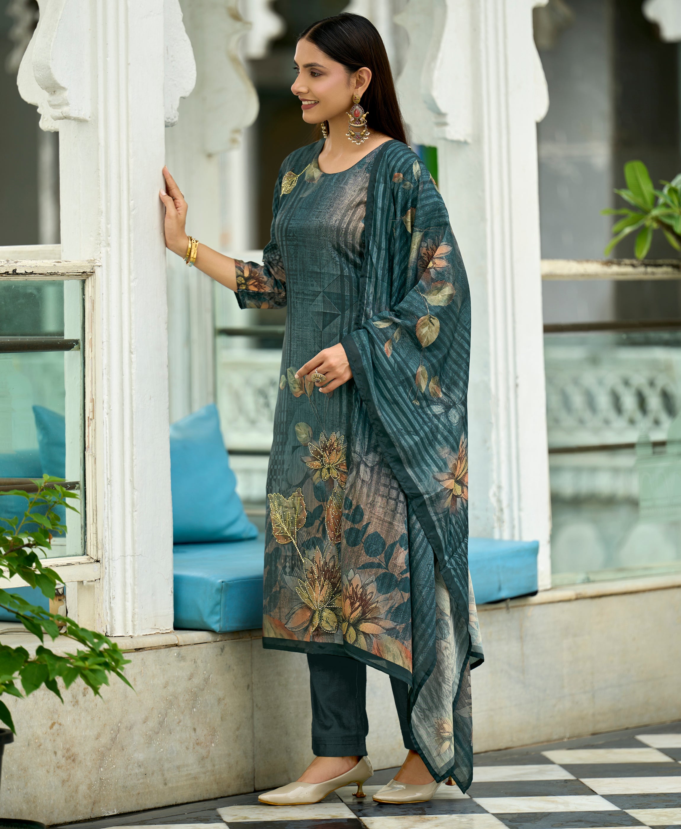 Her Couture Women's Teal Blue HO Organza Floral Printed Straight Kurta With Pant & Printed Dupatta