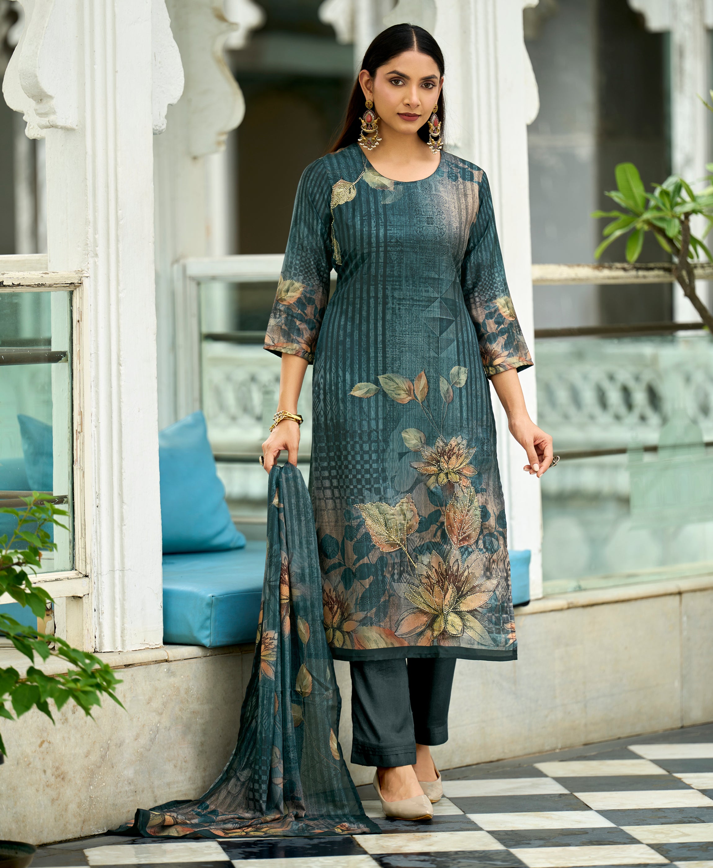 Her Couture Women's Teal Blue HO Organza Floral Printed Straight Kurta With Pant & Printed Dupatta