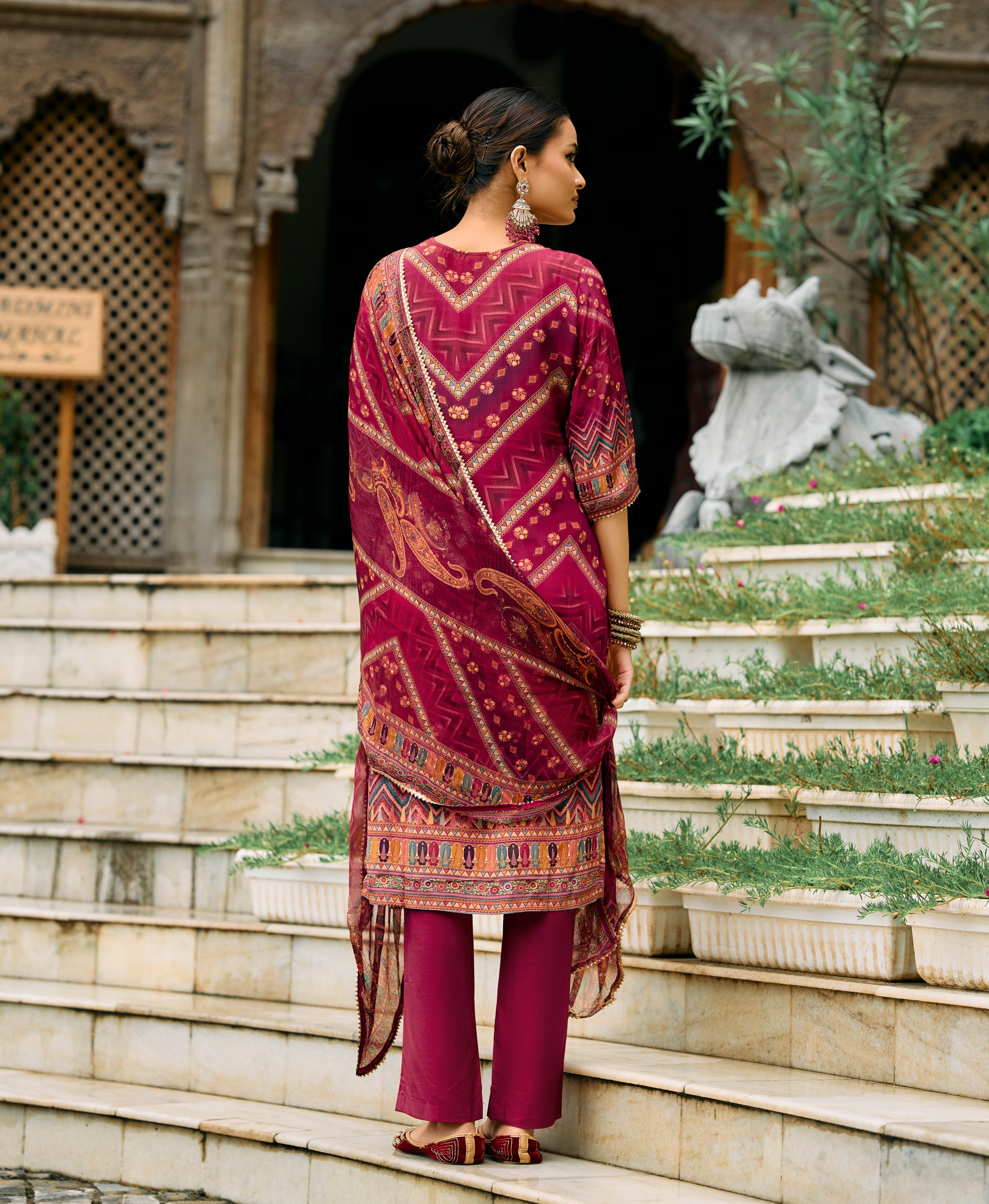 Her Couture Women's Maroon Pure Natural Crepe Floral Printed Straight Kurta With Pant & Printed Dupatta
