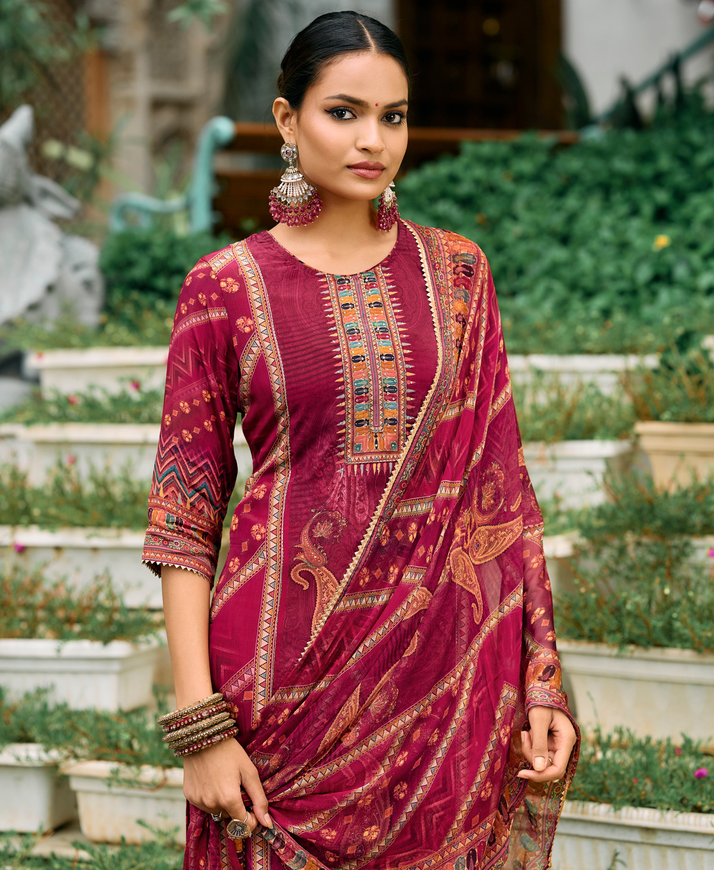 Her Couture Women's Maroon Pure Natural Crepe Floral Printed Straight Kurta With Pant & Printed Dupatta