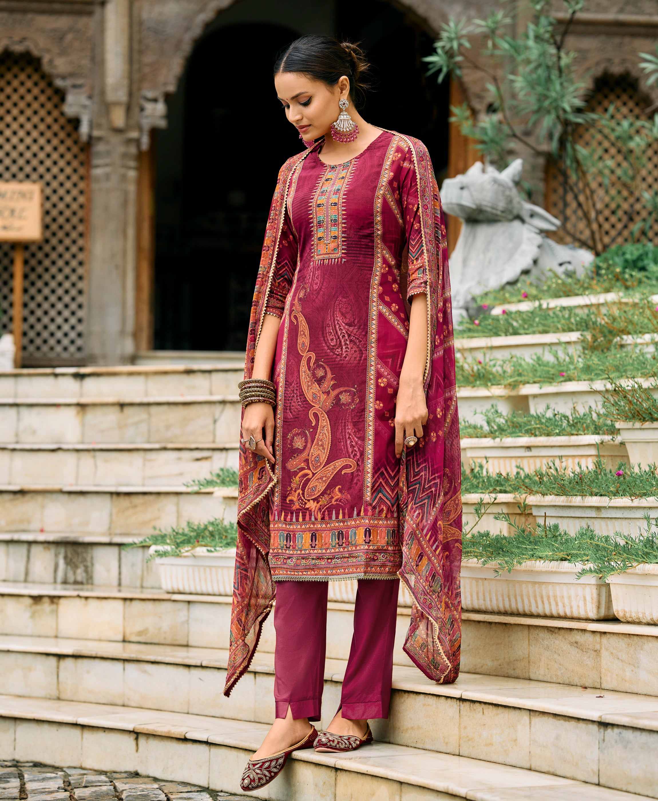 Her Couture Women's Maroon Pure Natural Crepe Floral Printed Straight Kurta With Pant & Printed Dupatta