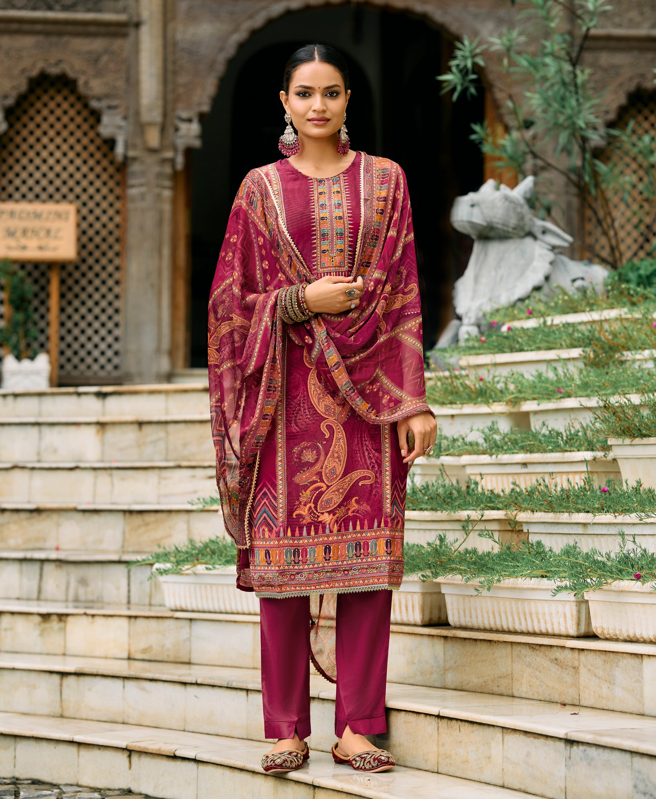 Her Couture Women's Maroon Pure Natural Crepe Floral Printed Straight Kurta With Pant & Printed Dupatta