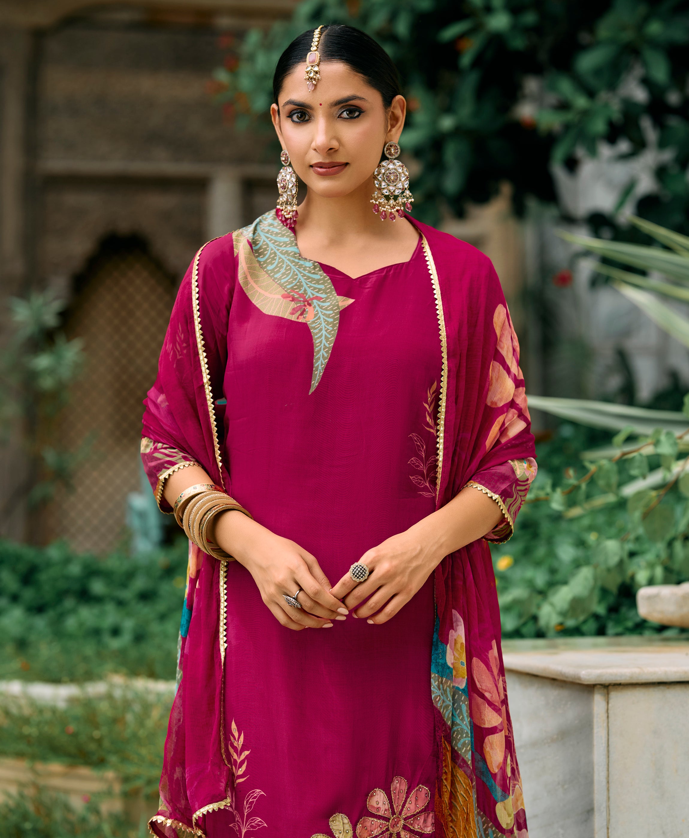 Her Couture Women's Magenta Pure Natural Crepe Floral Printed Straight Kurta With Pant & Printed Dupatta