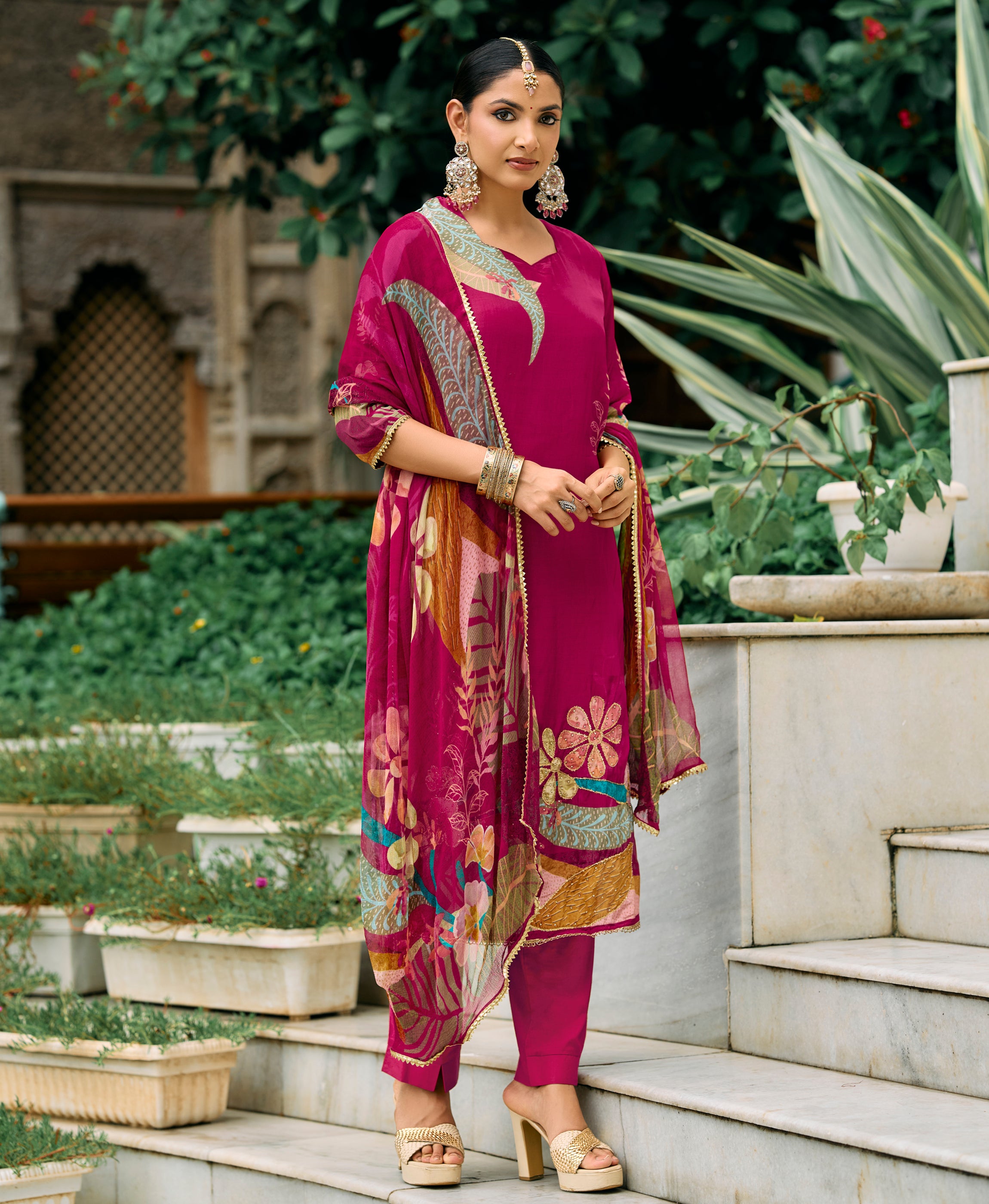 Her Couture Women's Magenta Pure Natural Crepe Floral Printed Straight Kurta With Pant & Printed Dupatta