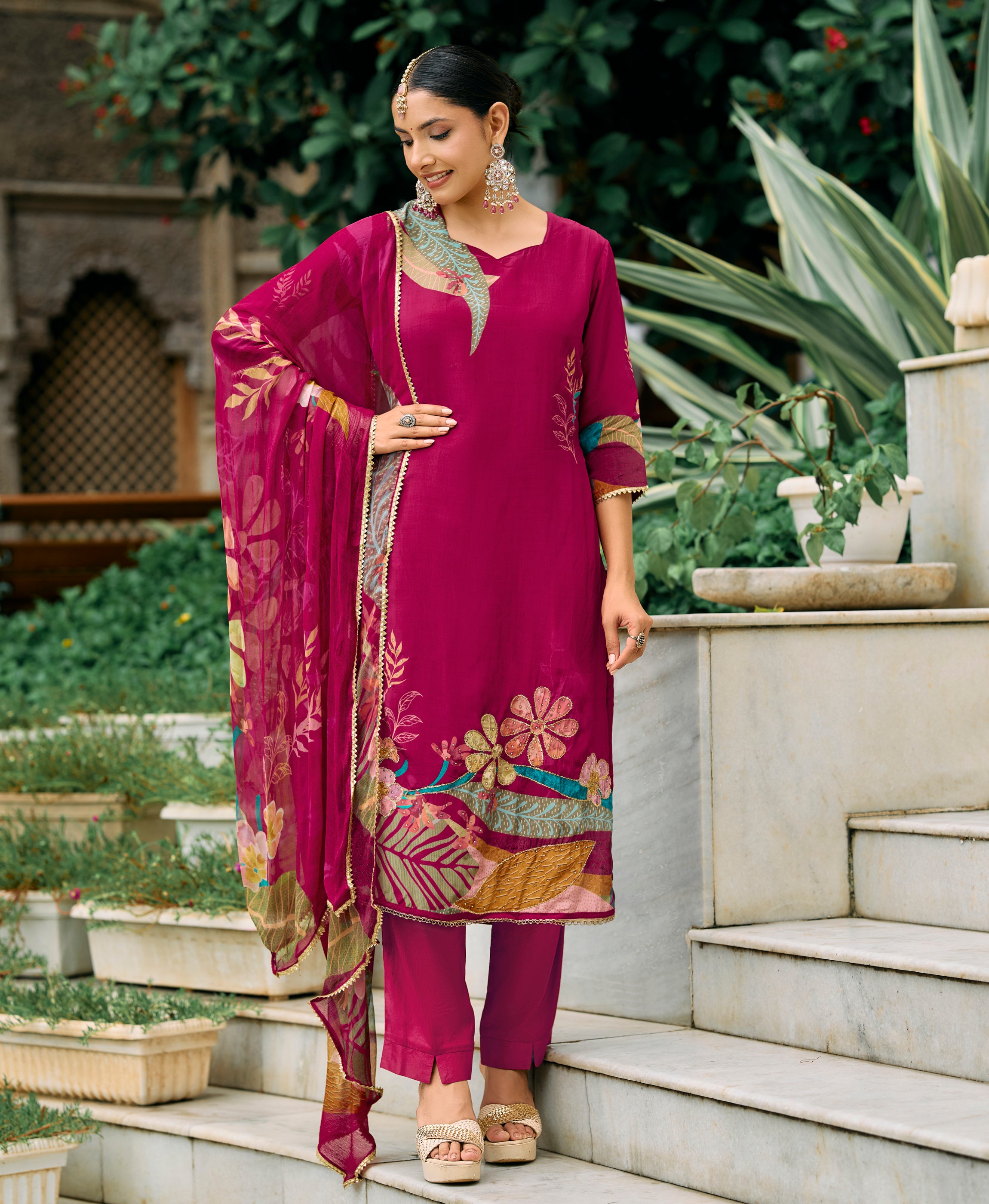 Her Couture Women's Magenta Pure Natural Crepe Floral Printed Straight Kurta With Pant & Printed Dupatta