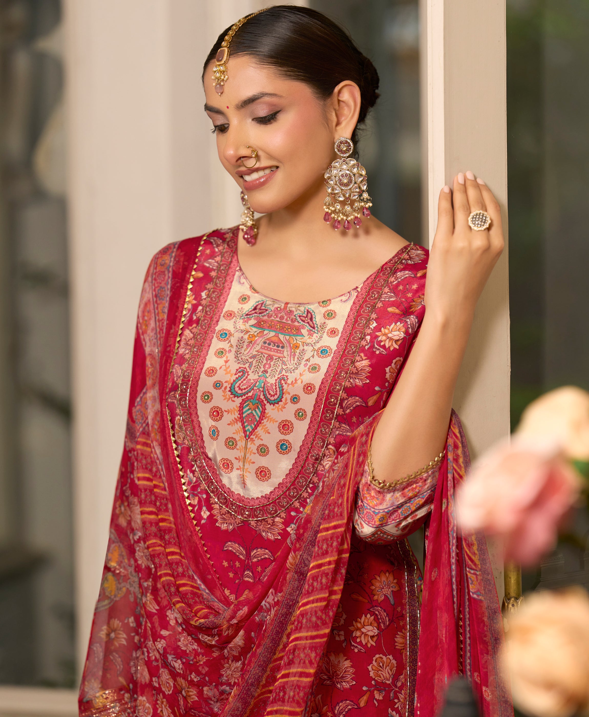 Her Couture Women's Red Pure Natural Crepe Floral Printed Straight Kurta With Pant & Printed Dupatta