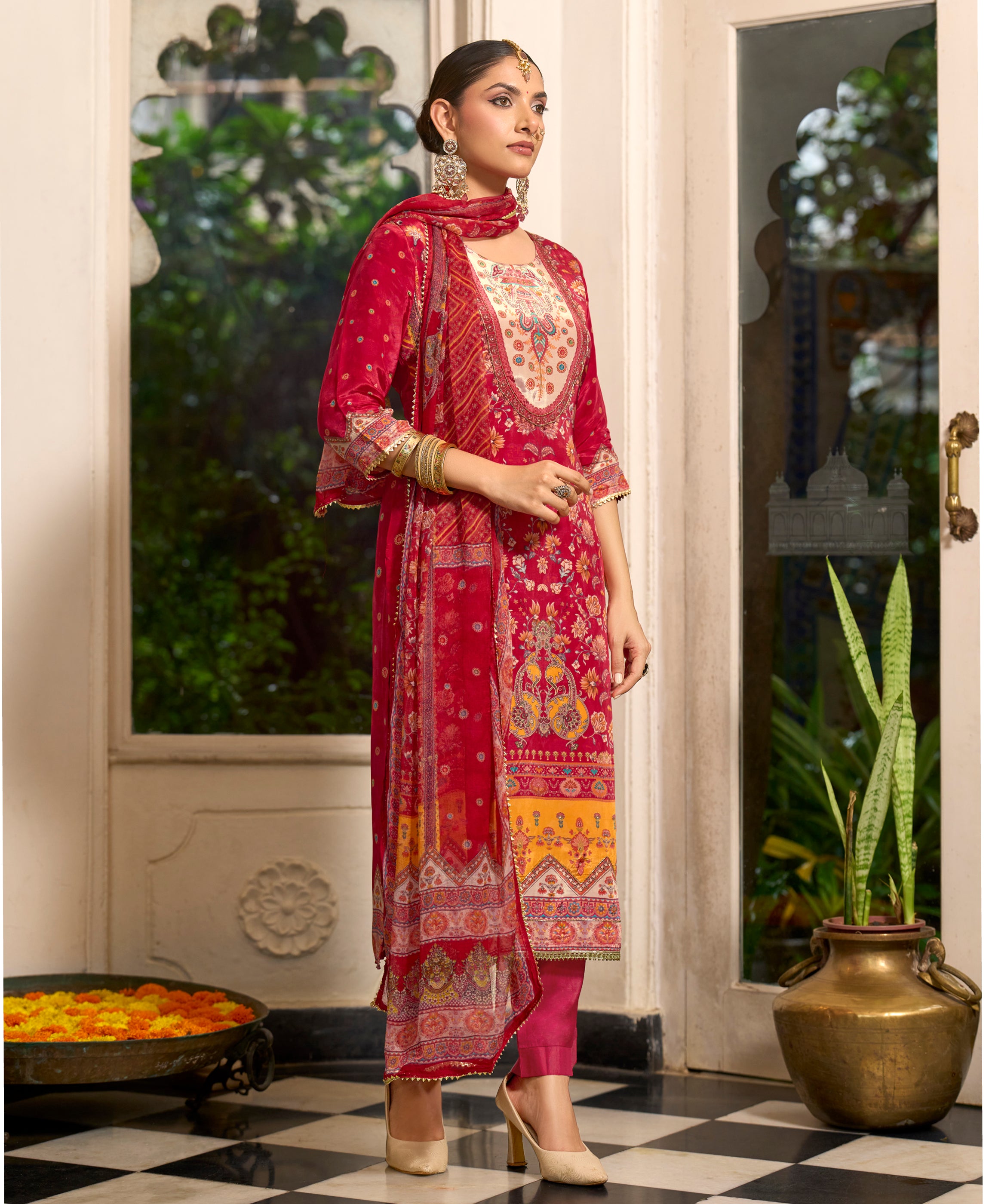 Her Couture Women's Red Pure Natural Crepe Floral Printed Straight Kurta With Pant & Printed Dupatta