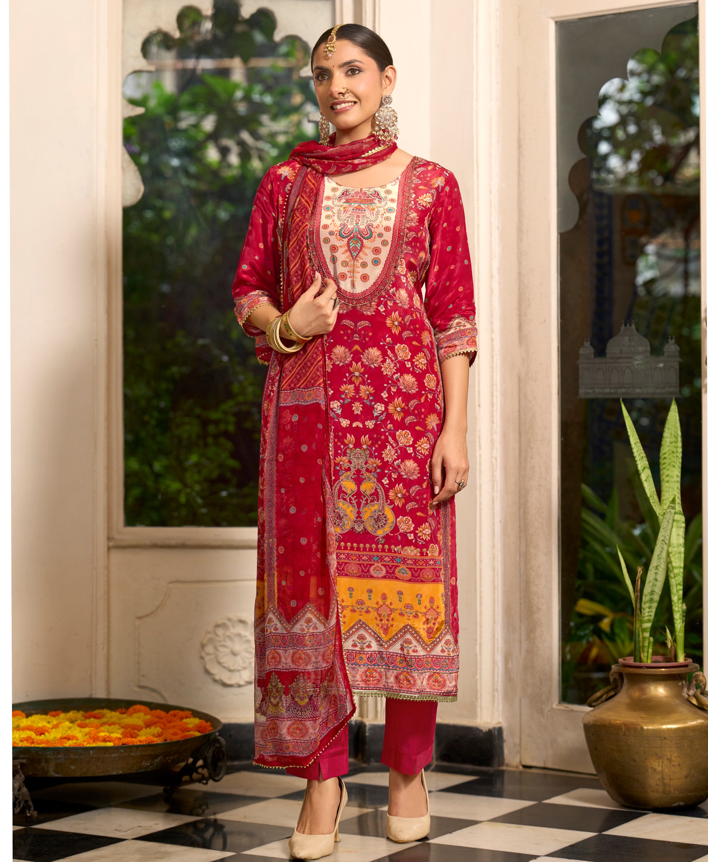 Her Couture Women's Red Pure Natural Crepe Floral Printed Straight Kurta With Pant & Printed Dupatta