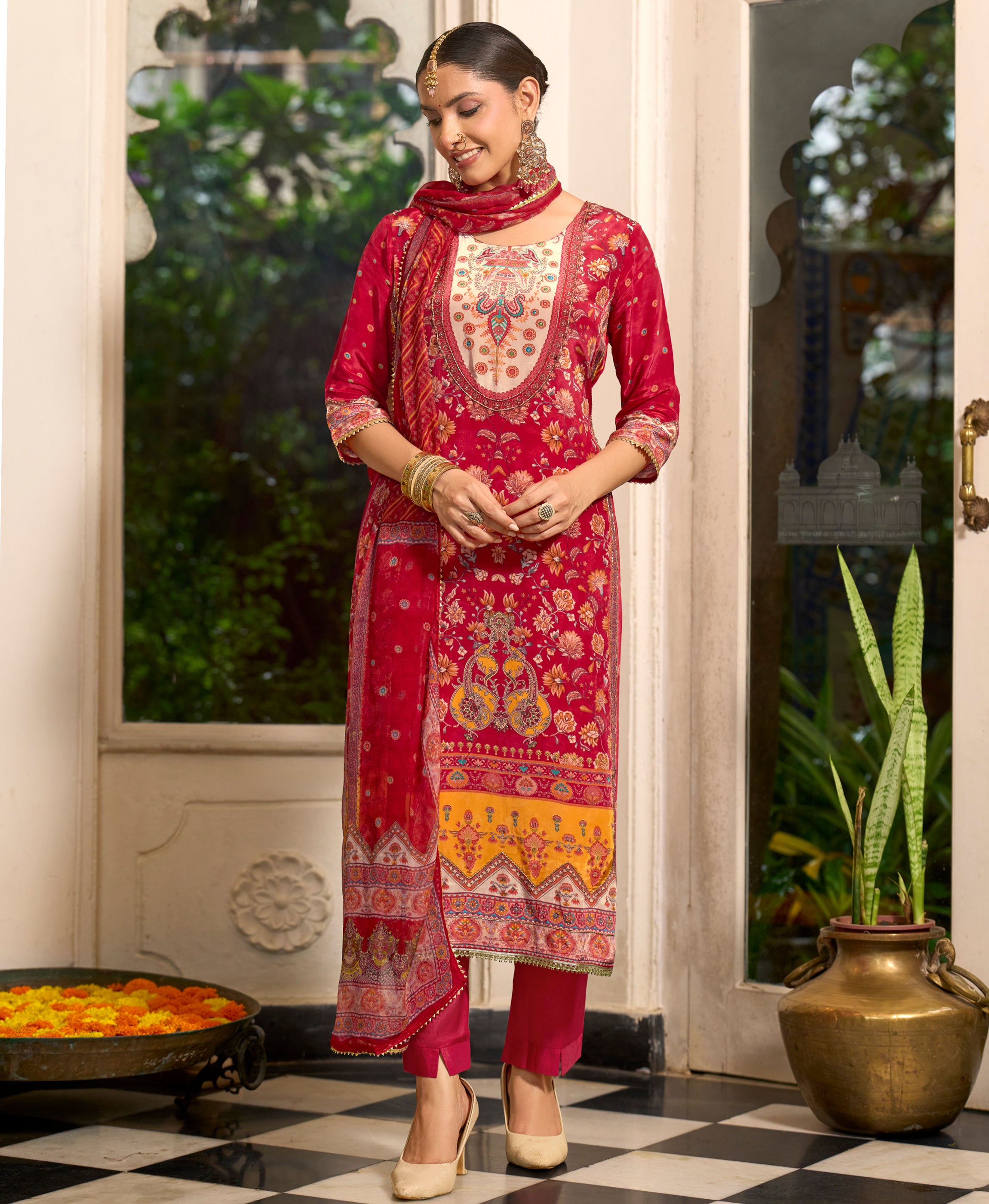 Her Couture Women's Red Pure Natural Crepe Floral Printed Straight Kurta With Pant & Printed Dupatta